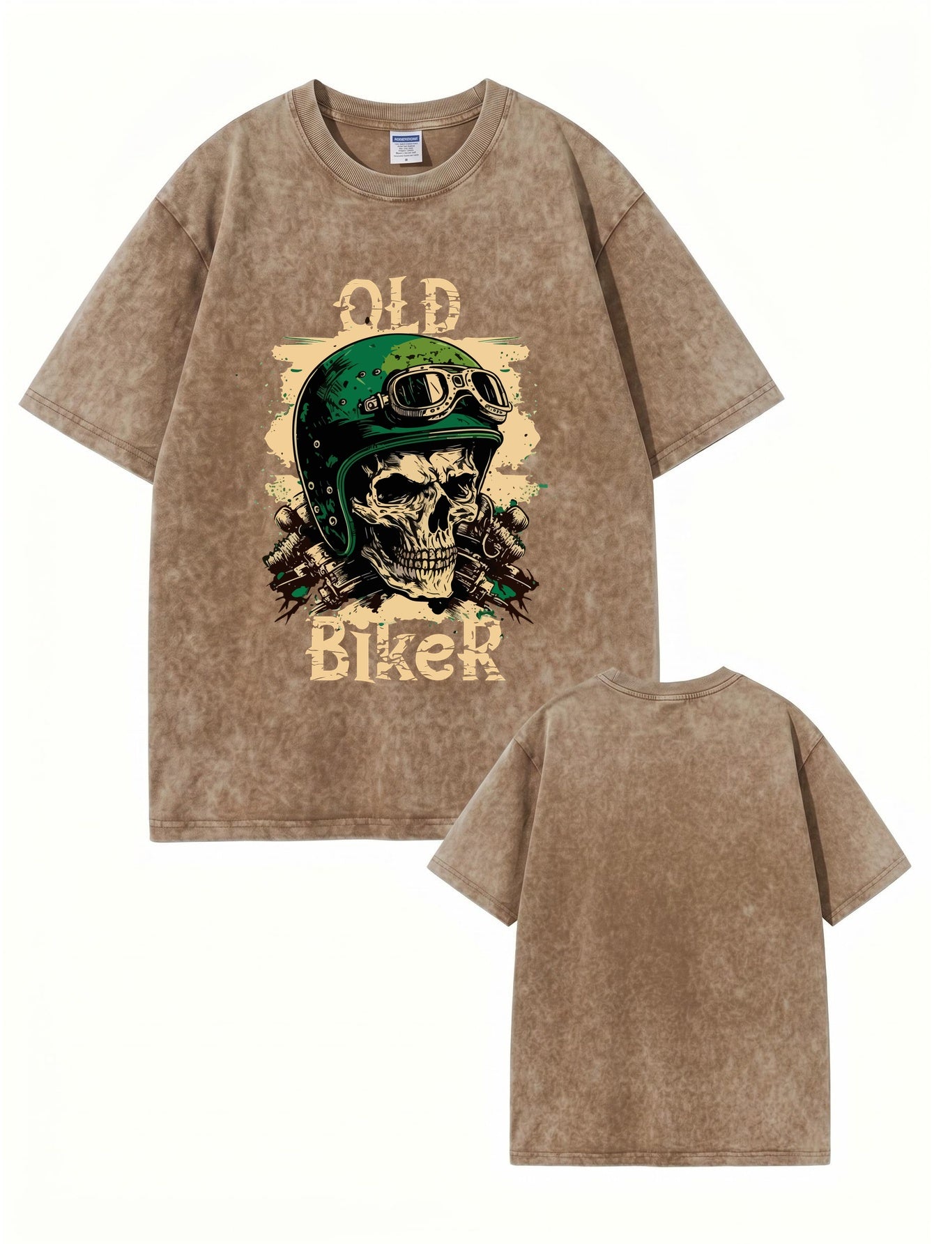 Vintage Washed Old Biker Skull Print Heavyweight Cotton T-Shirt