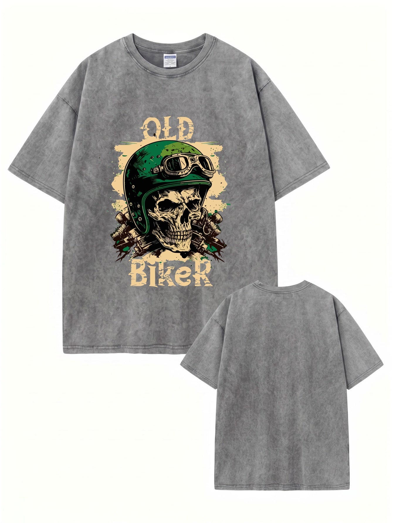 Vintage Washed Old Biker Skull Print Heavyweight Cotton T-Shirt