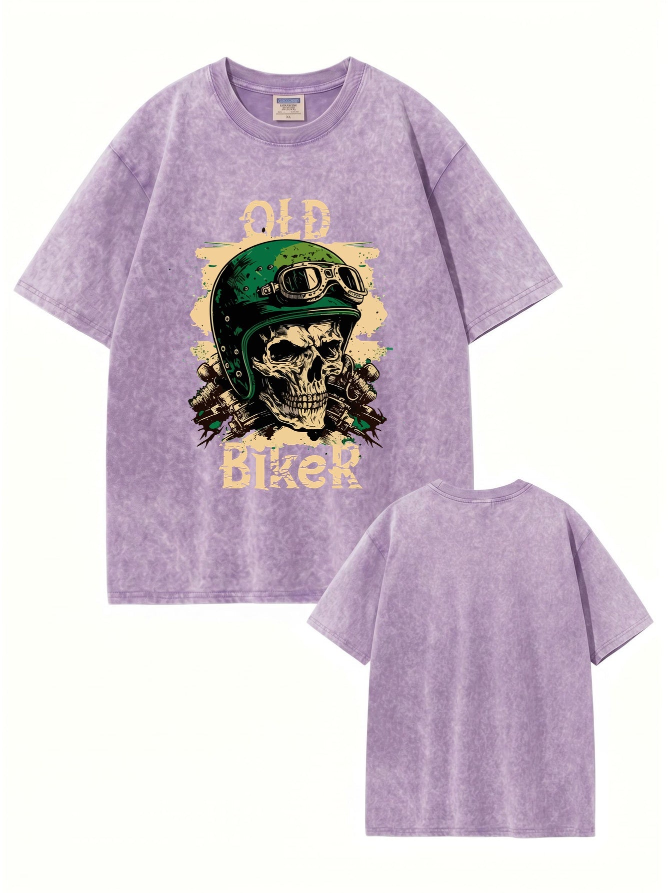 Vintage Washed Old Biker Skull Print Heavyweight Cotton T-Shirt