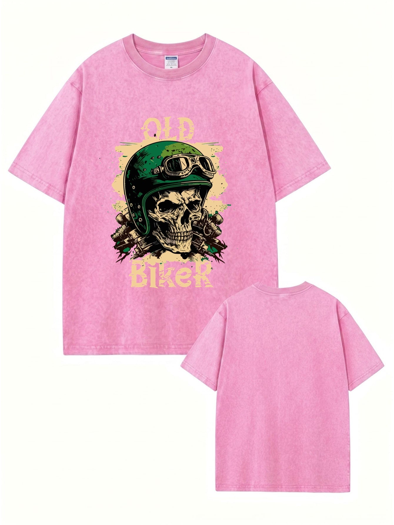 Vintage Washed Old Biker Skull Print Heavyweight Cotton T-Shirt