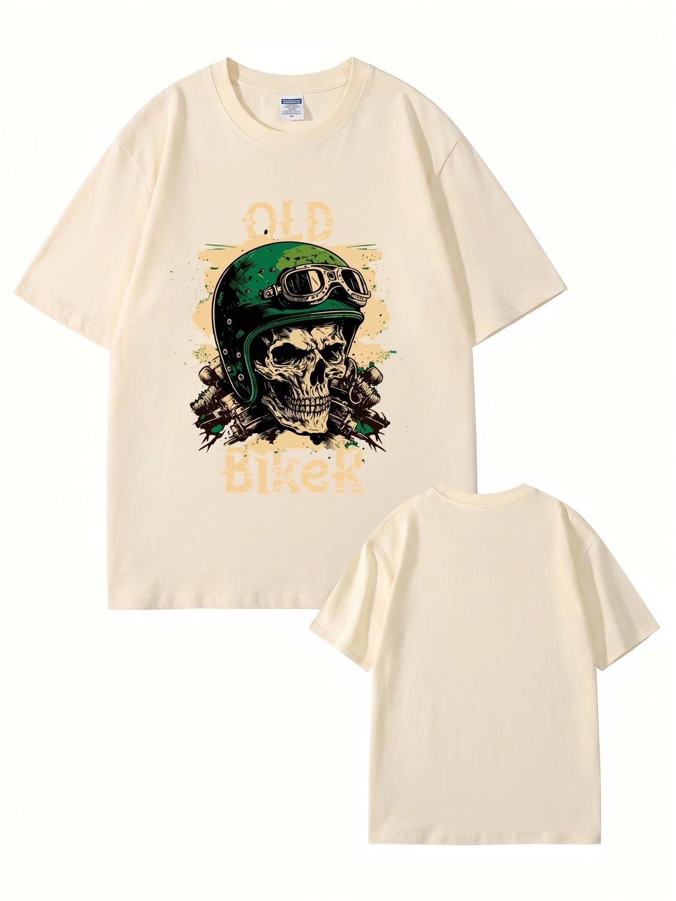 Old Biker Skull Graphic T-Shirt - Vintage Motorcycle Helmet Print Tee