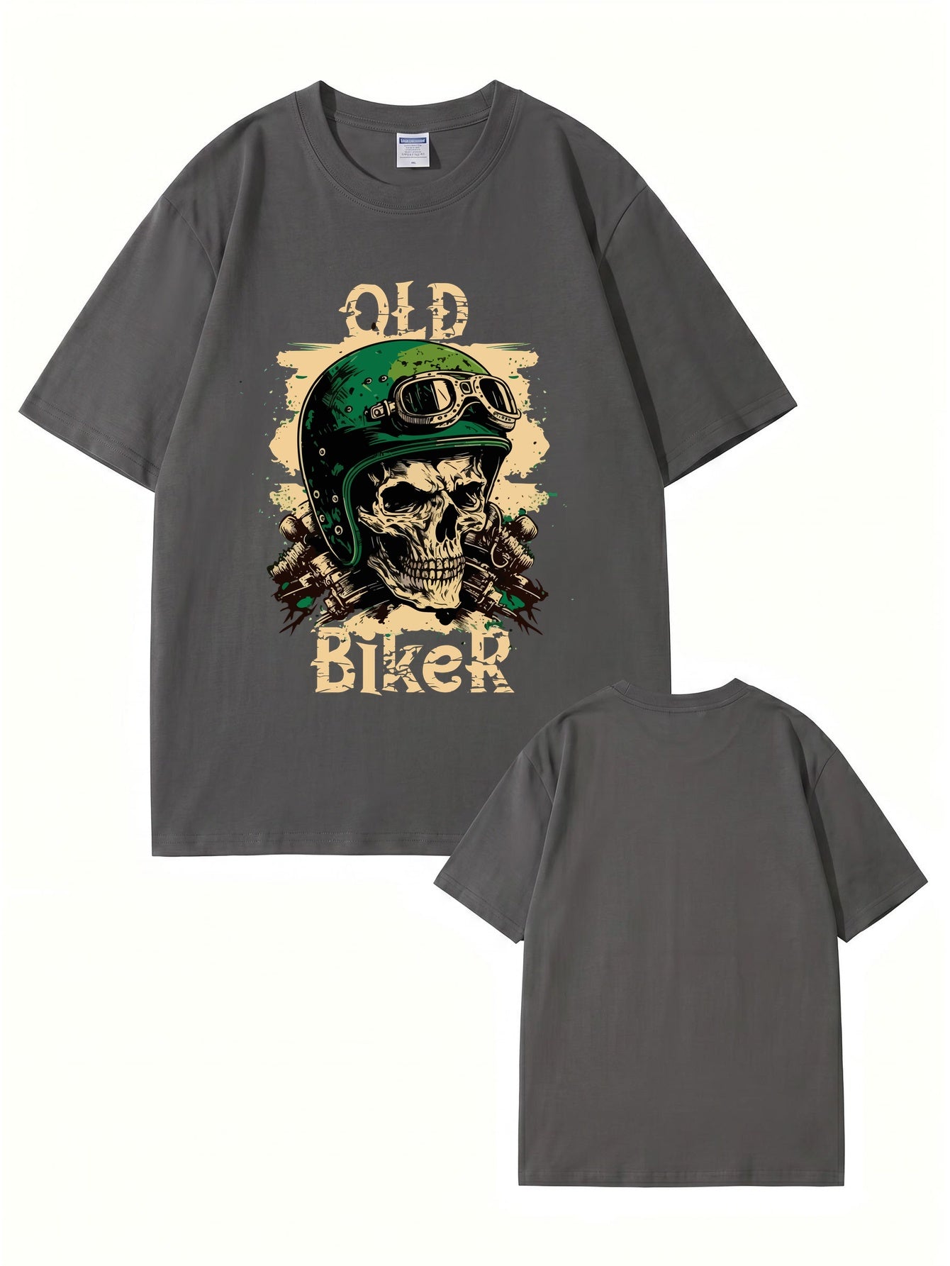 Old Biker Skull Graphic T-Shirt - Vintage Motorcycle Helmet Print Tee