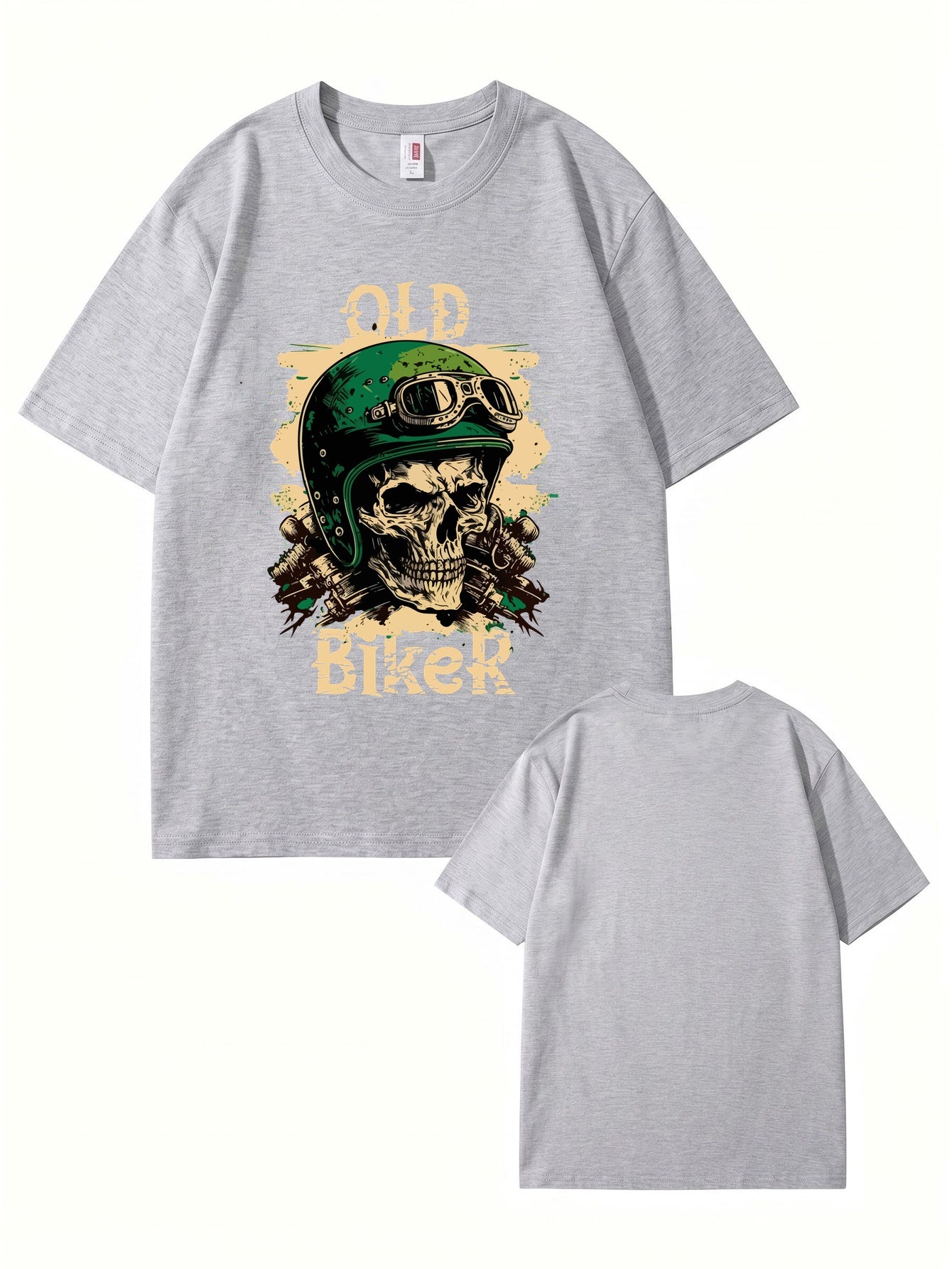 Old Biker Skull Graphic T-Shirt - Vintage Motorcycle Helmet Print Tee