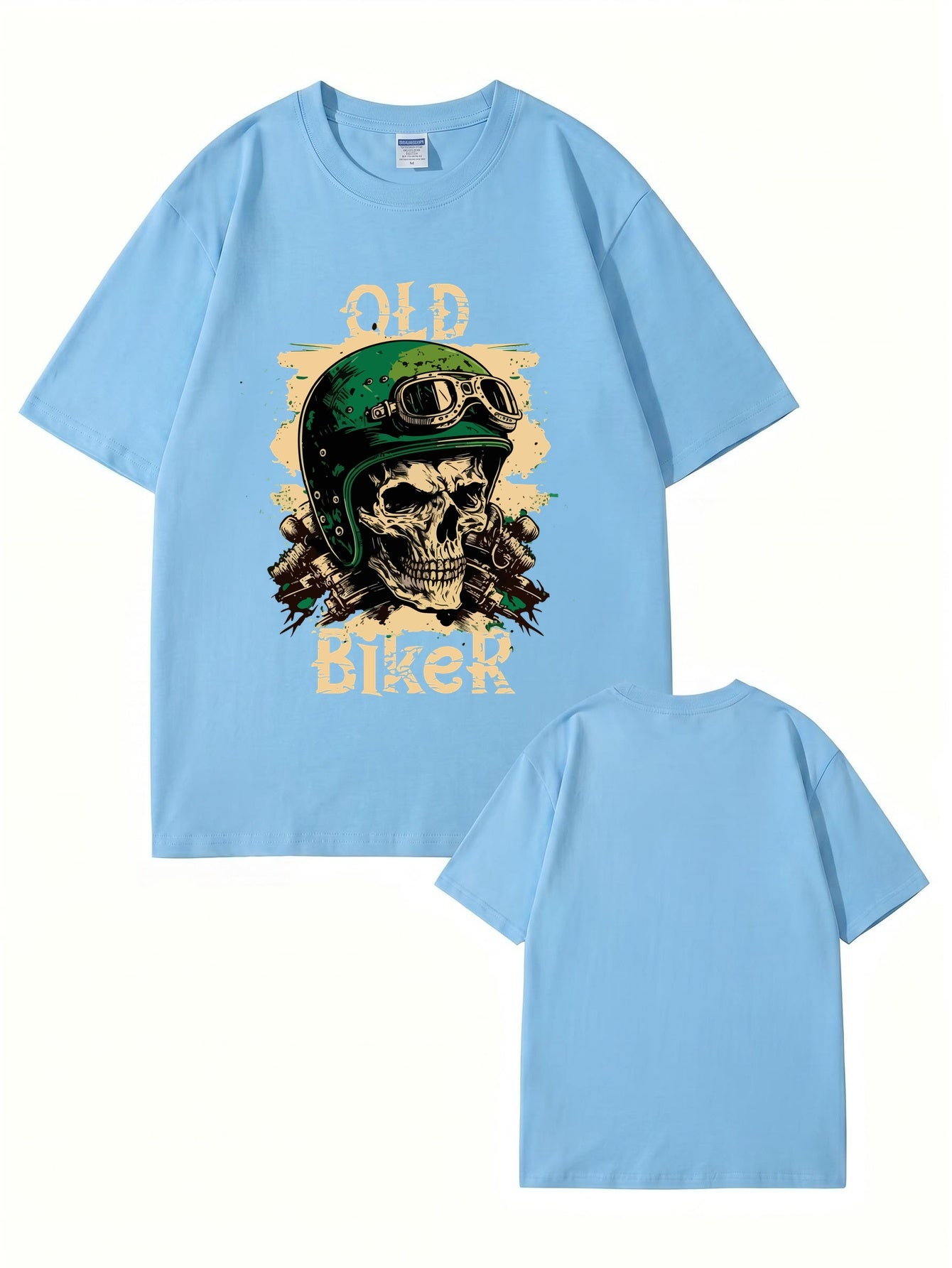 Old Biker Skull Graphic T-Shirt - Vintage Motorcycle Helmet Print Tee