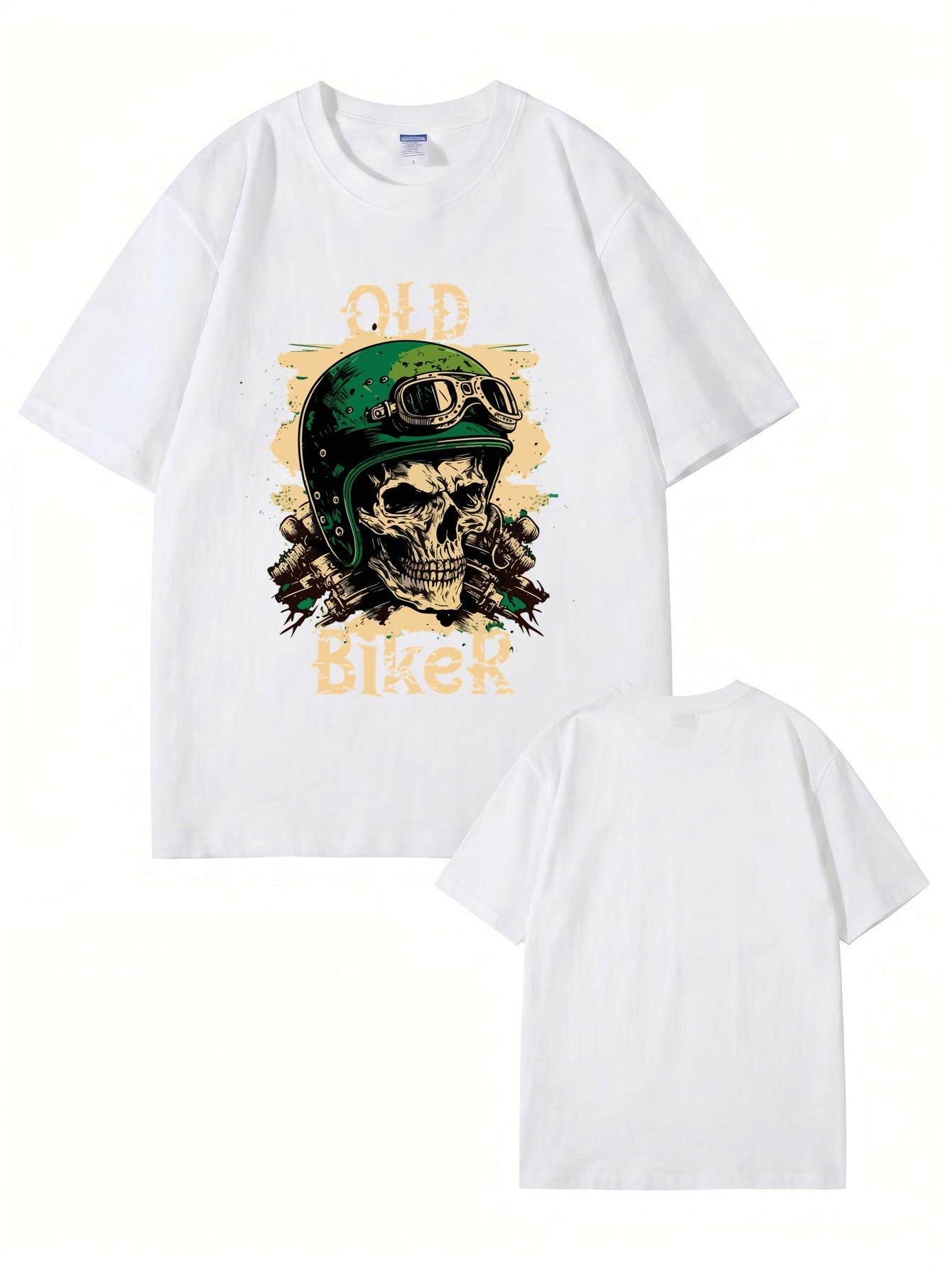 Old Biker Skull Graphic T-Shirt - Vintage Motorcycle Helmet Print Tee