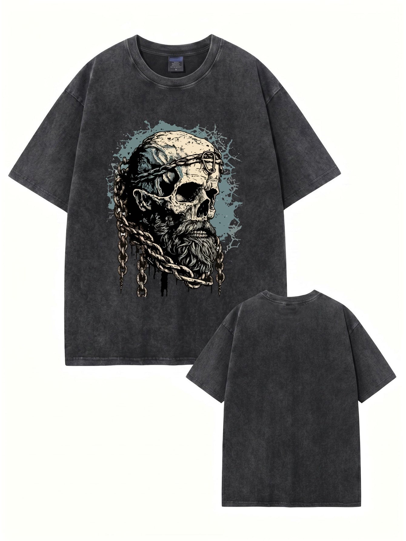 Vintage Washed Oversized T-Shirt with Bearded Skull Chains Graphic