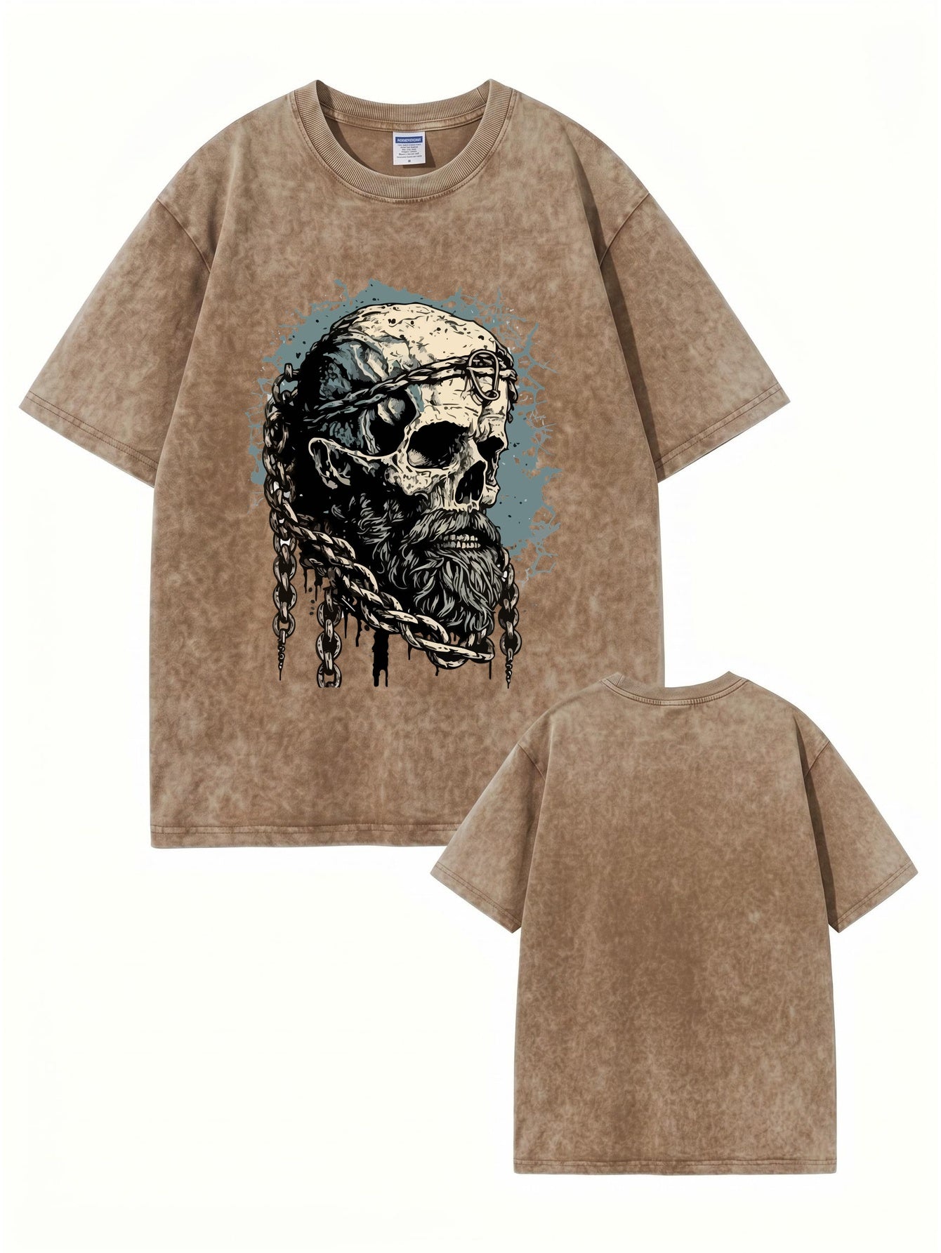 Vintage Washed Oversized T-Shirt with Bearded Skull Chains Graphic