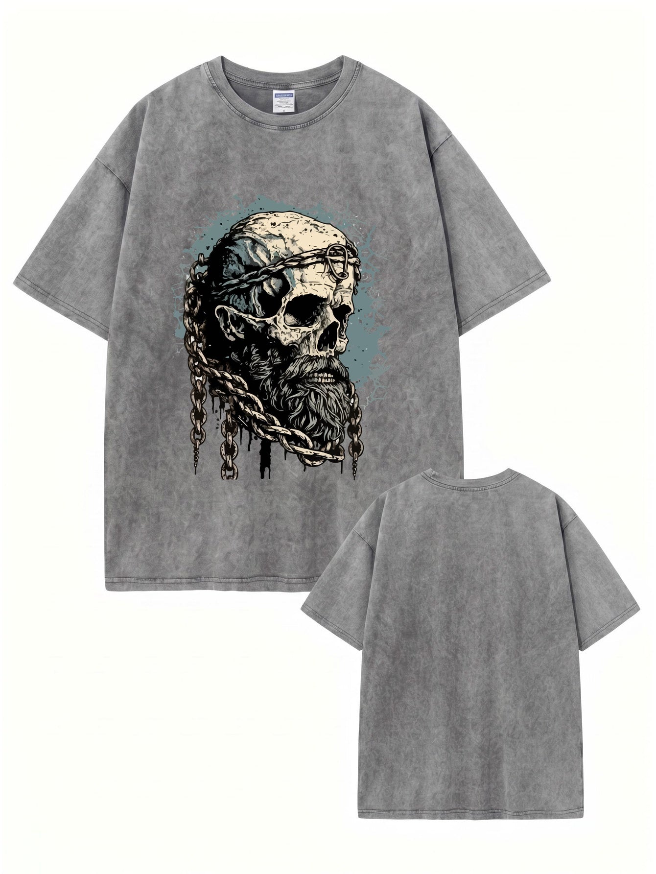 Vintage Washed Oversized T-Shirt with Bearded Skull Chains Graphic