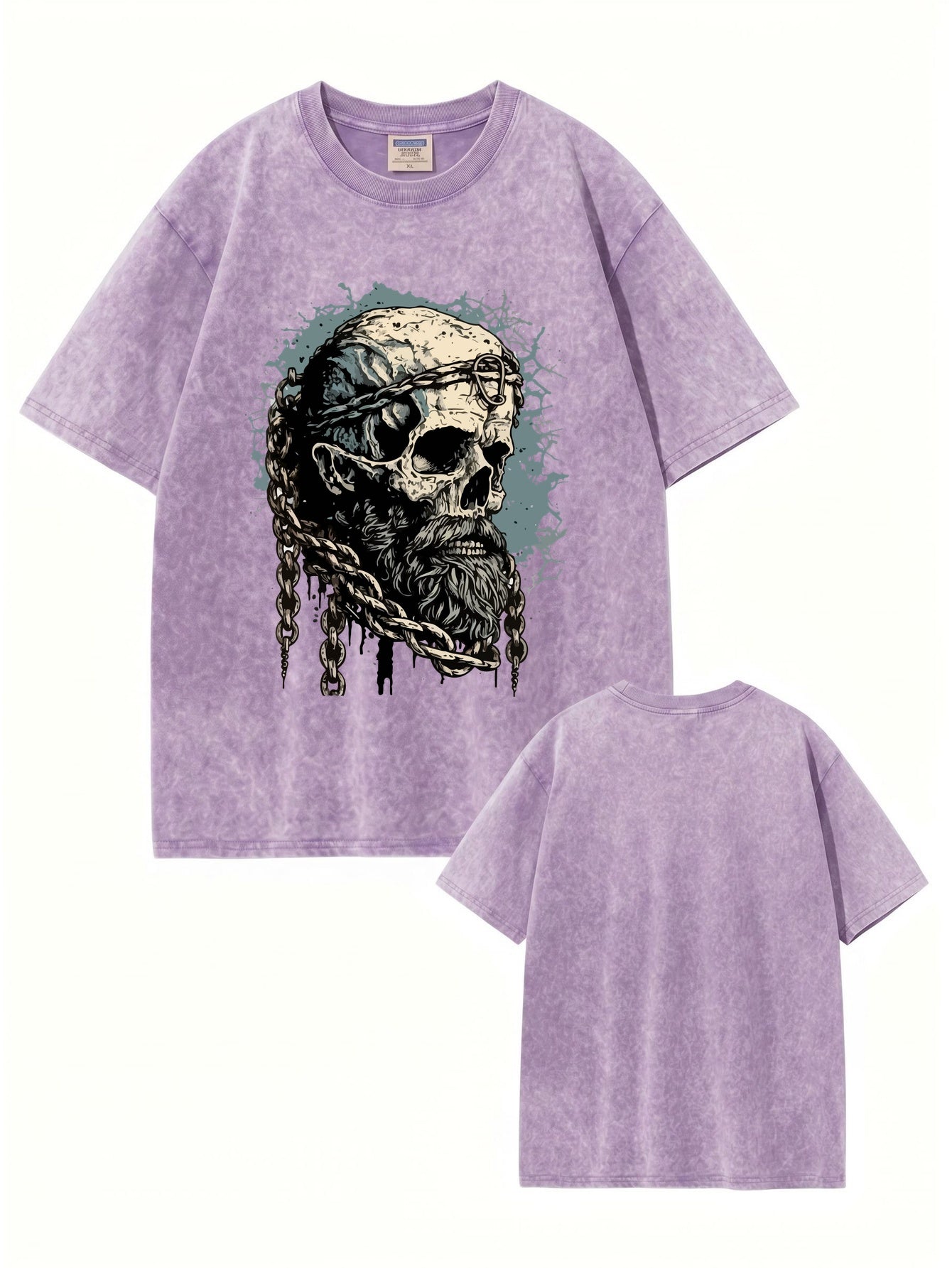 Vintage Washed Oversized T-Shirt with Bearded Skull Chains Graphic