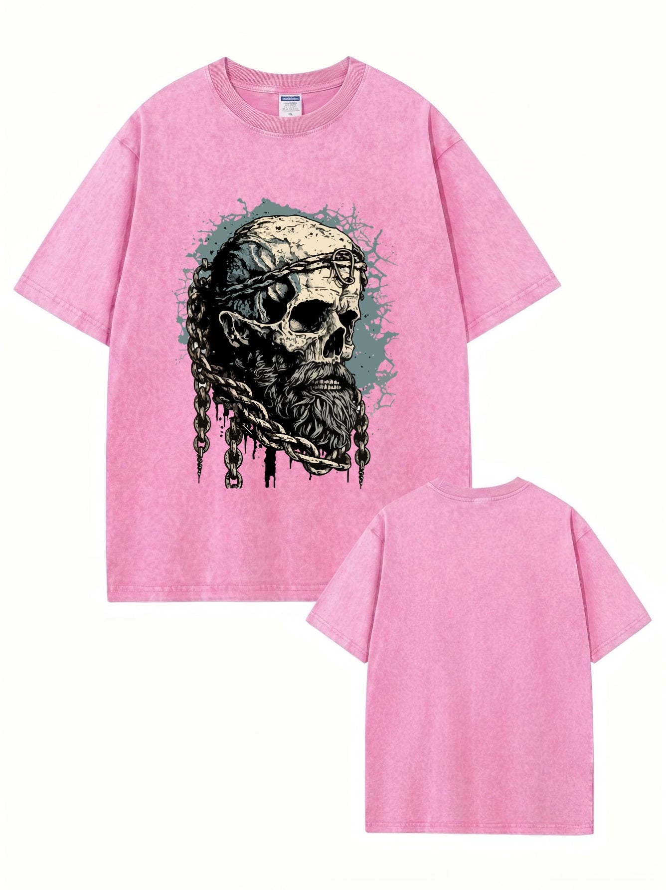 Vintage Washed Oversized T-Shirt with Bearded Skull Chains Graphic