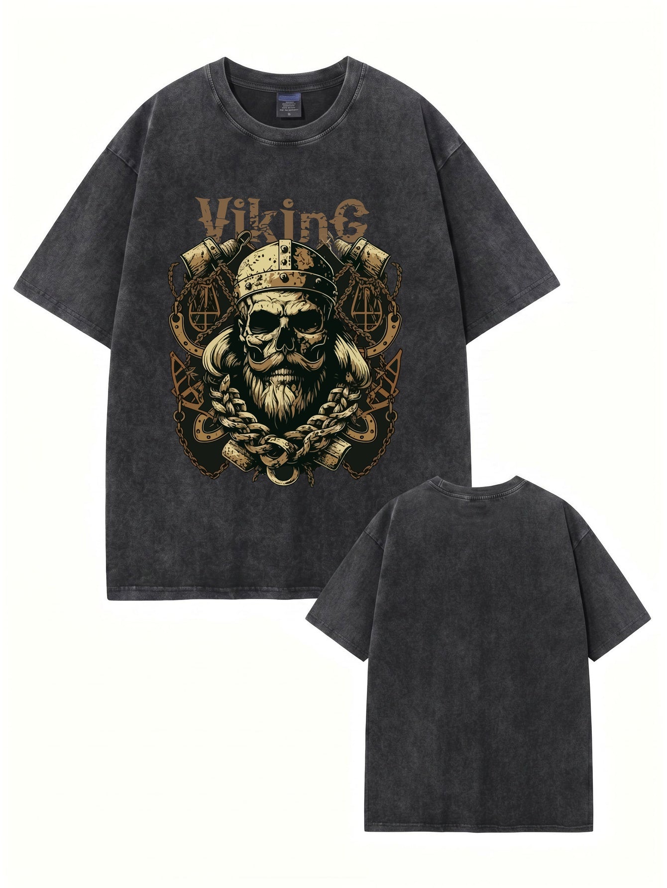 Vintage Washed Viking Skull Graphic T-Shirt - Heavyweight Cotton Streetwear