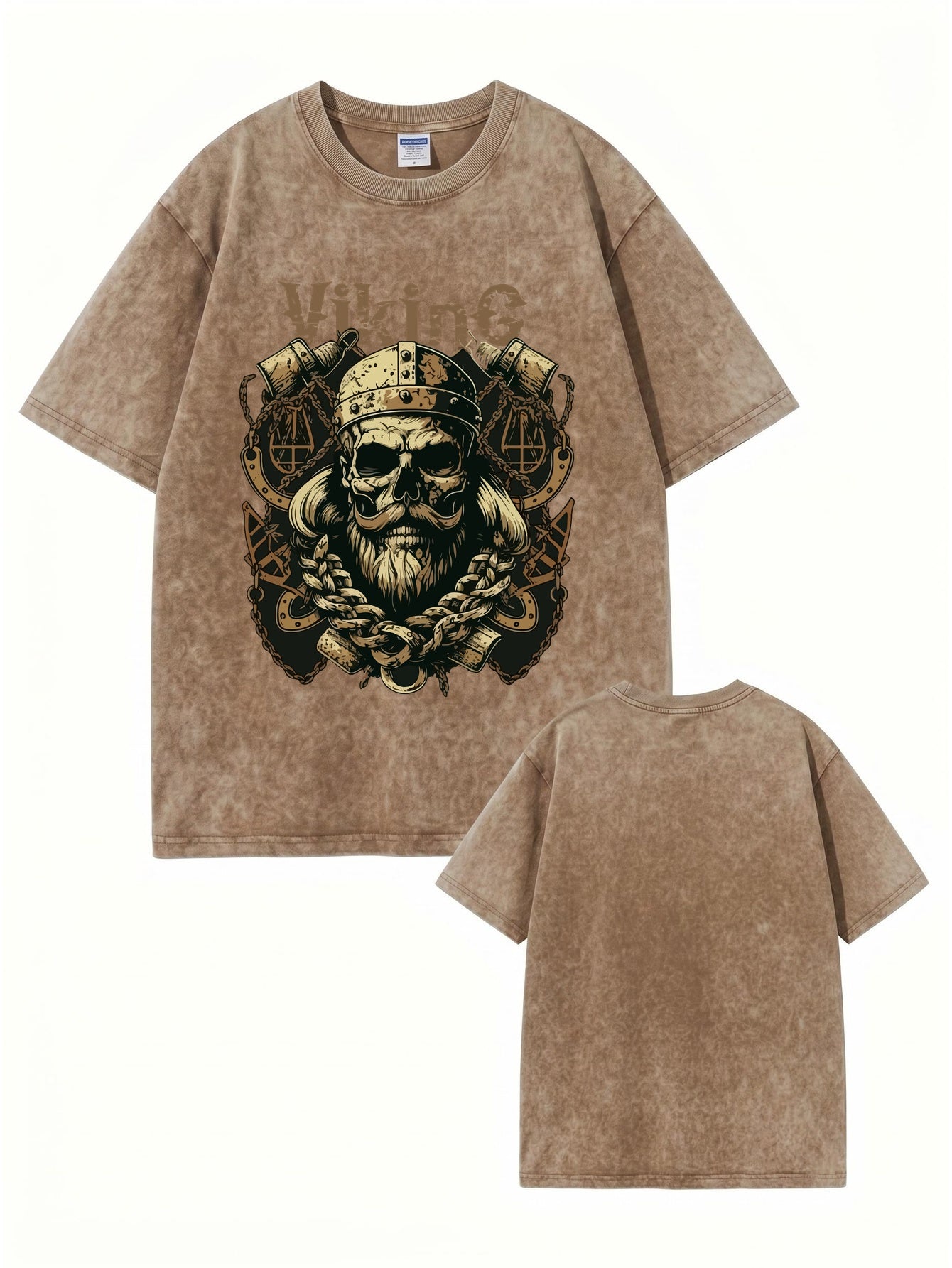 Vintage Washed Viking Skull Graphic T-Shirt - Heavyweight Cotton Streetwear