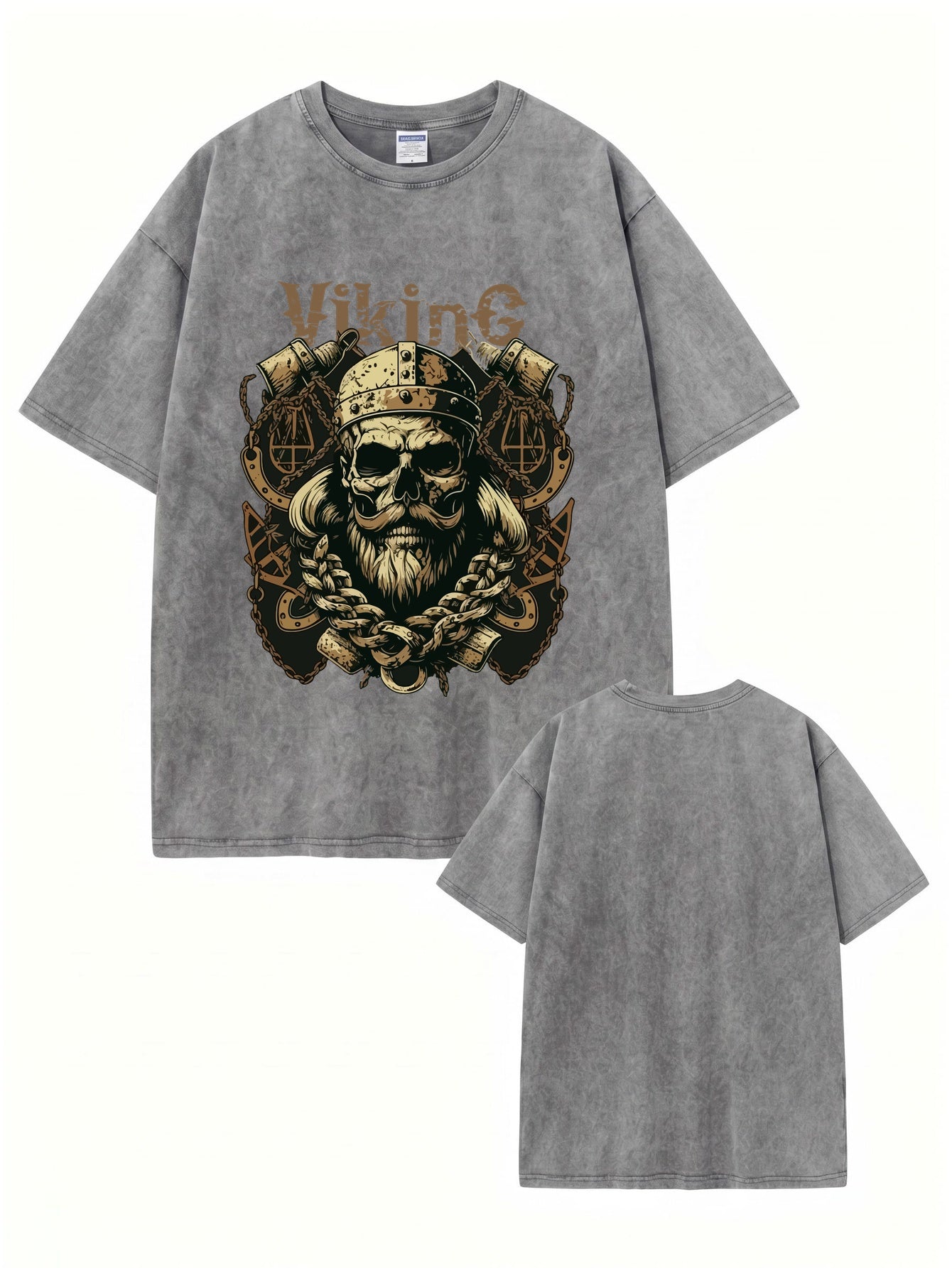 Vintage Washed Viking Skull Graphic T-Shirt - Heavyweight Cotton Streetwear