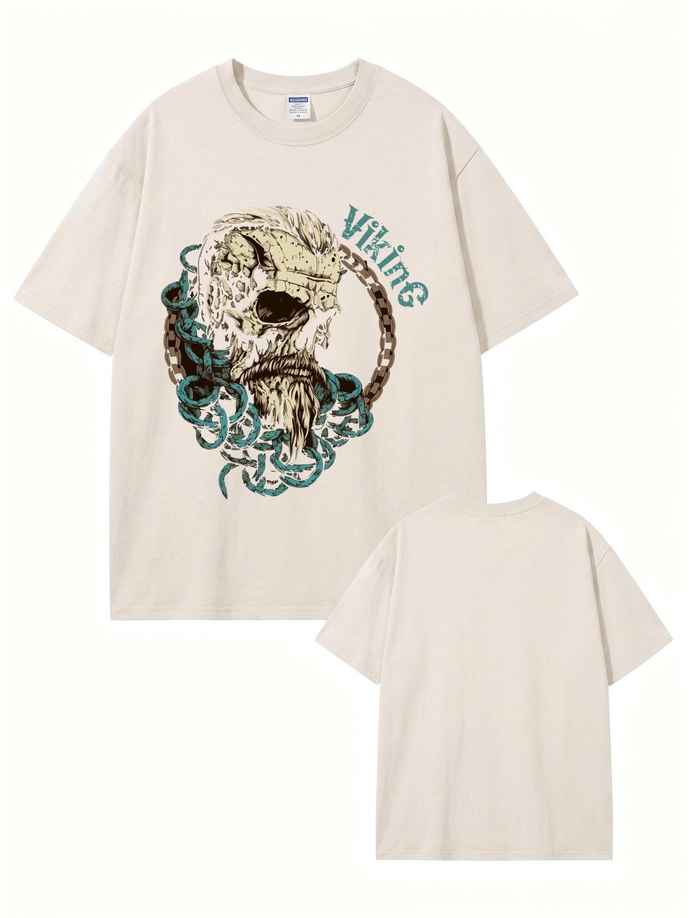 Vintage Washed Viking Skull Graphic Print Oversized Heavyweight Cotton T-Shirt