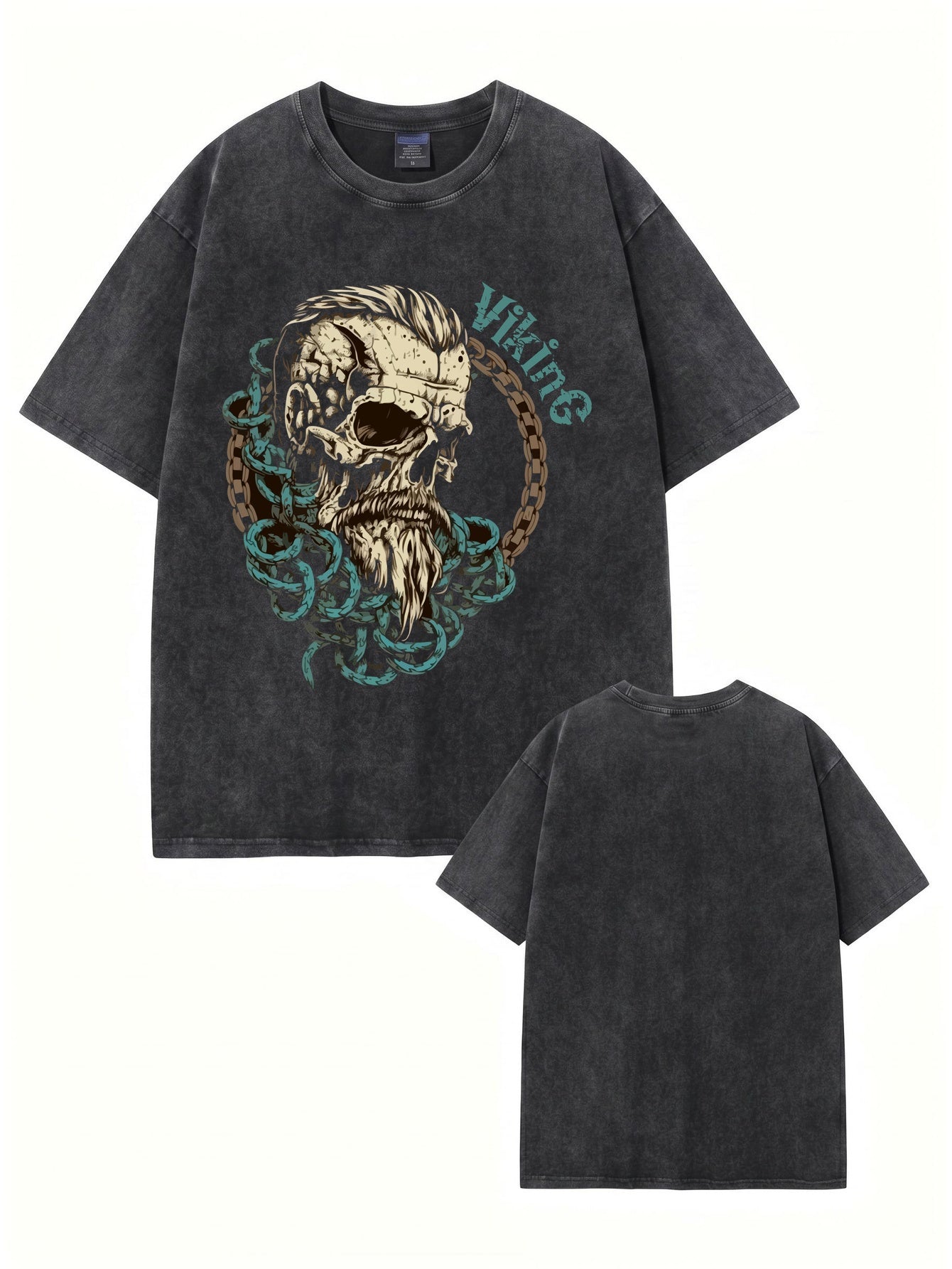Vintage Washed Viking Skull Graphic Print Oversized Heavyweight Cotton T-Shirt