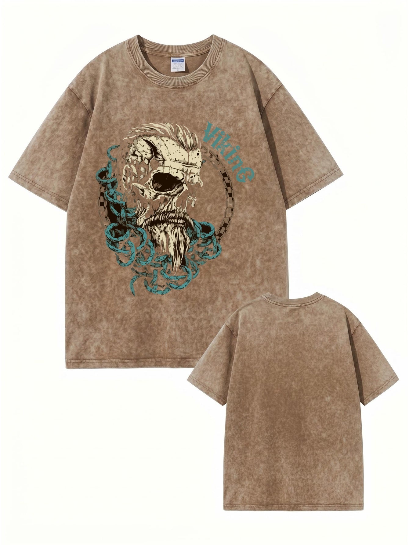 Vintage Washed Viking Skull Graphic Print Oversized Heavyweight Cotton T-Shirt