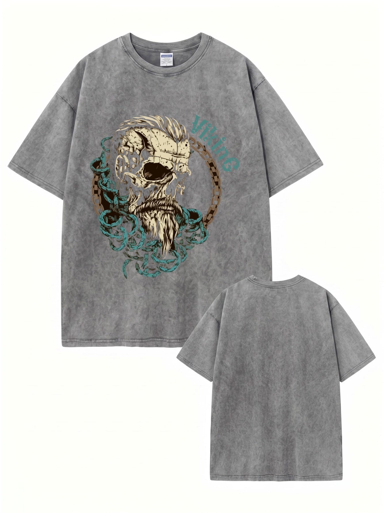 Vintage Washed Viking Skull Graphic Print Oversized Heavyweight Cotton T-Shirt