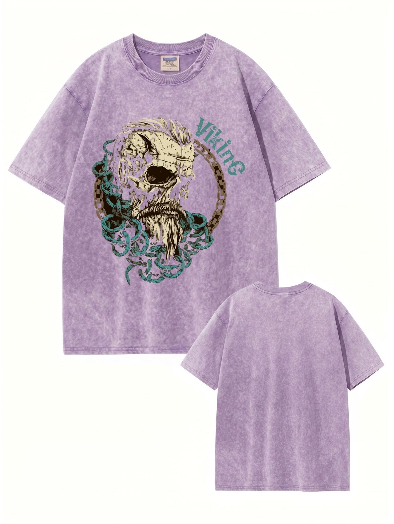 Vintage Washed Viking Skull Graphic Print Oversized Heavyweight Cotton T-Shirt