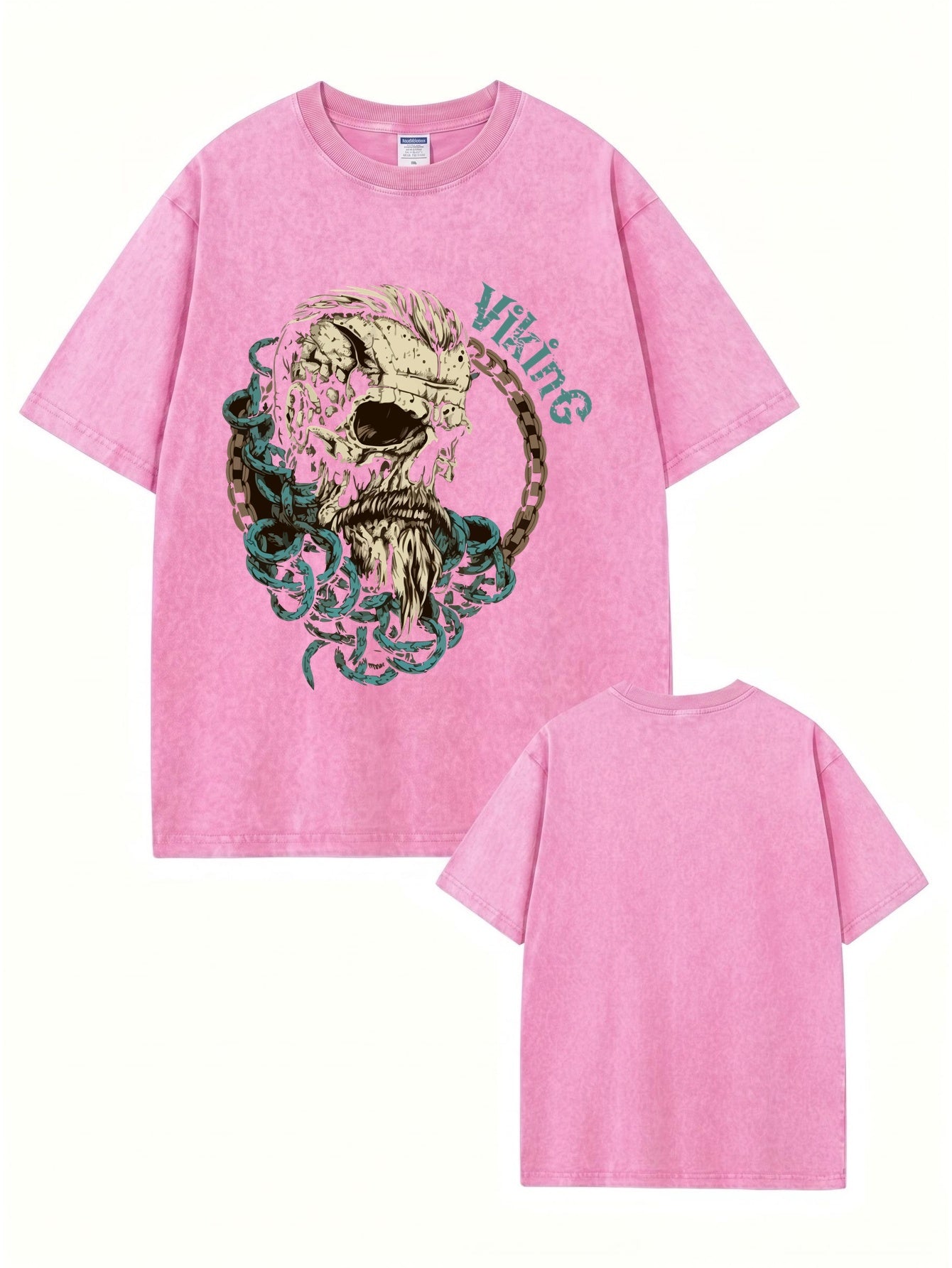 Vintage Washed Viking Skull Graphic Print Oversized Heavyweight Cotton T-Shirt