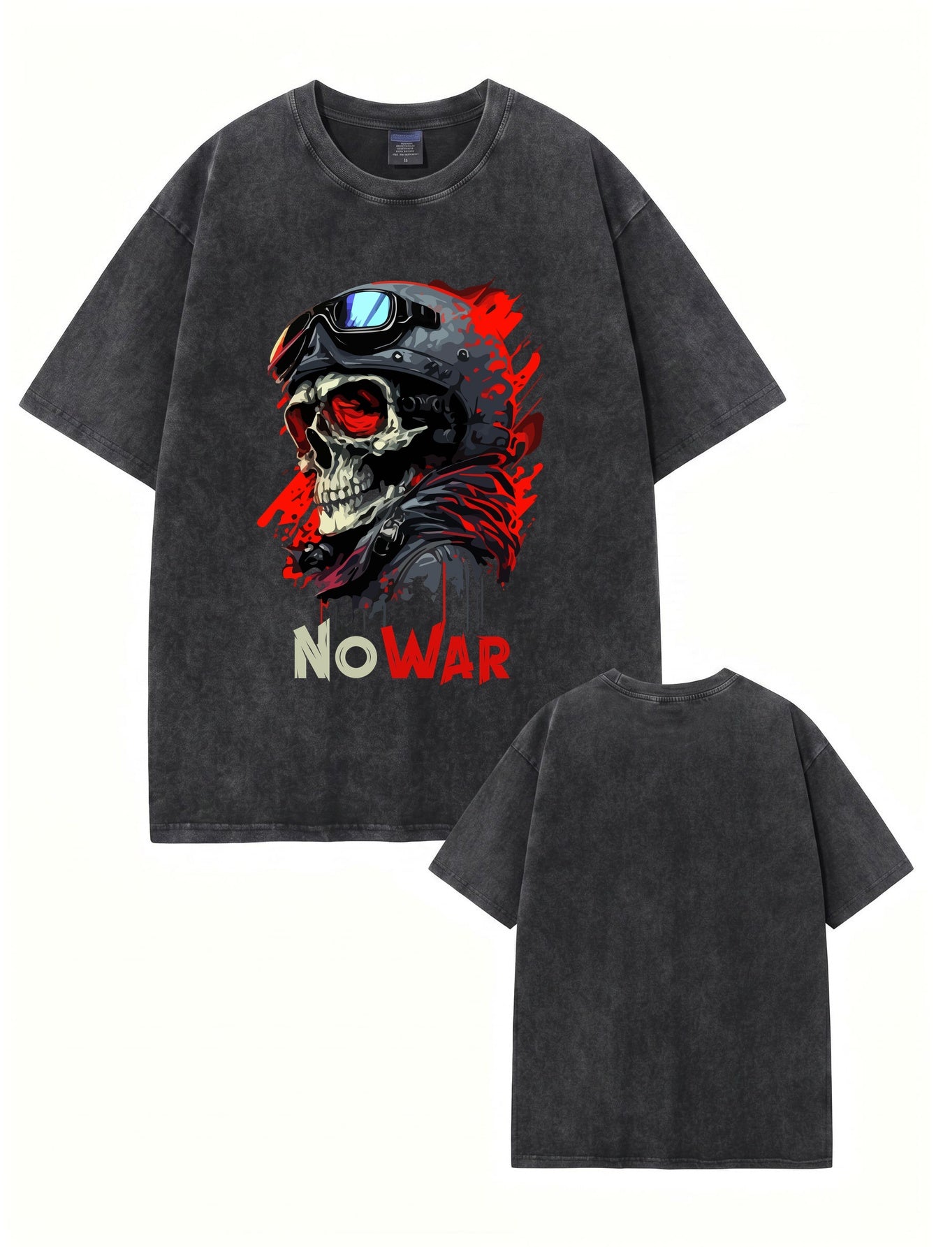 Vintage Washed No War Skull Graphic T-Shirt - Heavyweight Cotton Streetwear