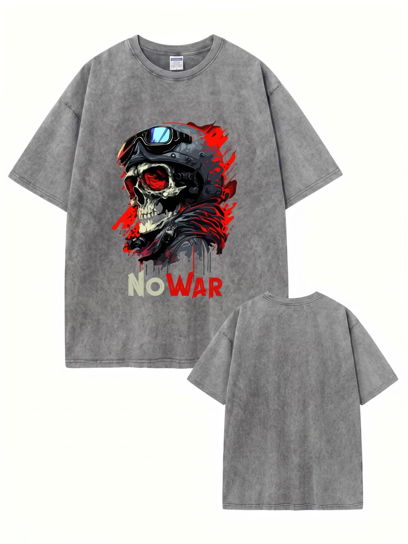 Vintage Washed No War Skull Graphic T-Shirt - Heavyweight Cotton Streetwear