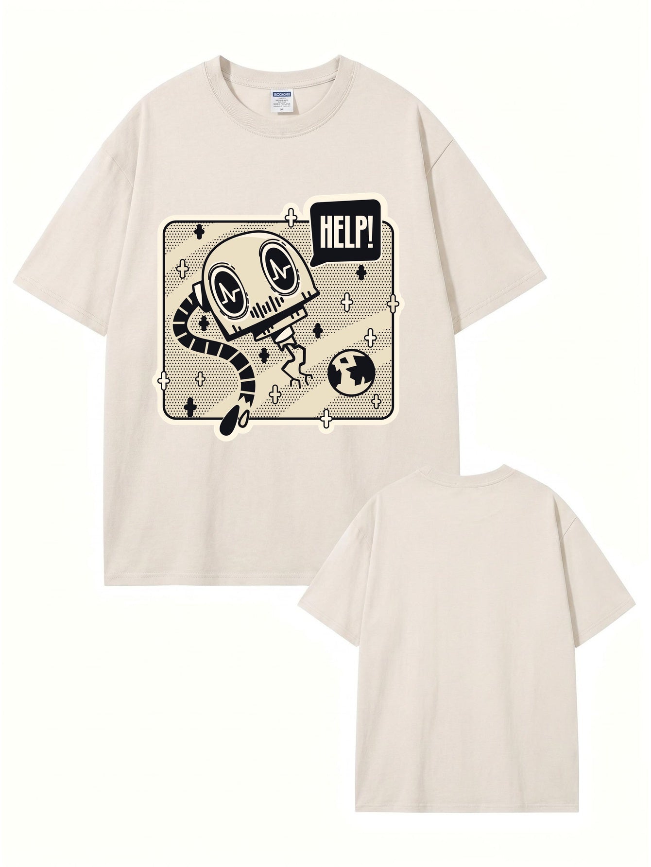 Vintage Washed Graphic T-Shirt - HELP! Robot Cartoon Print Heavyweight Cotton