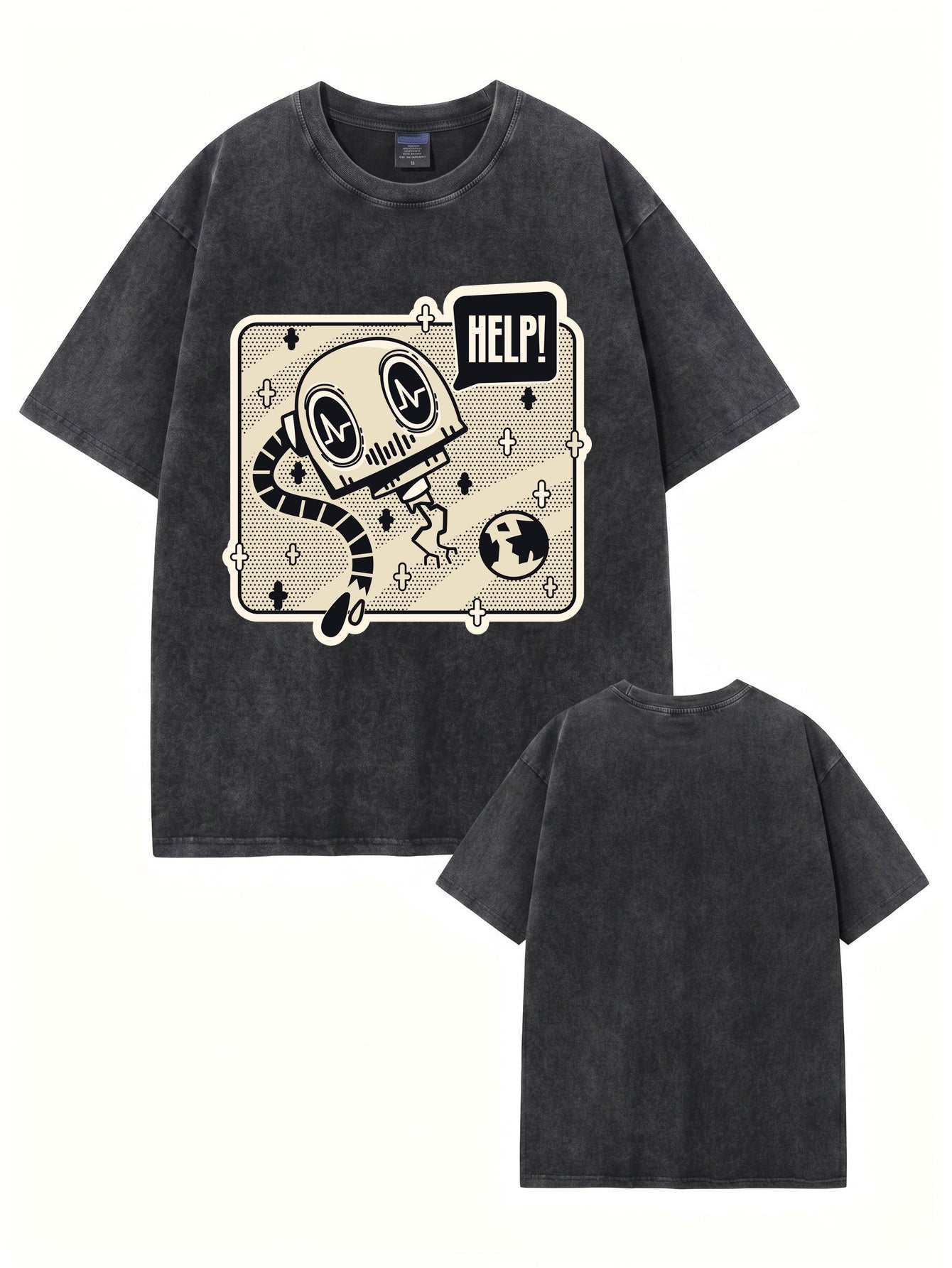 Vintage Washed Graphic T-Shirt - HELP! Robot Cartoon Print Heavyweight Cotton