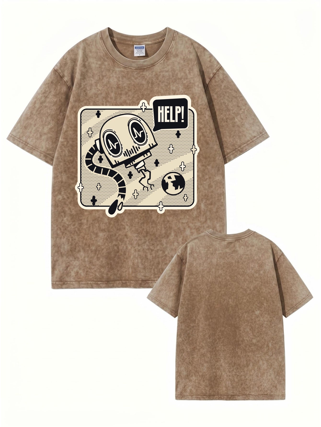 Vintage Washed Graphic T-Shirt - HELP! Robot Cartoon Print Heavyweight Cotton