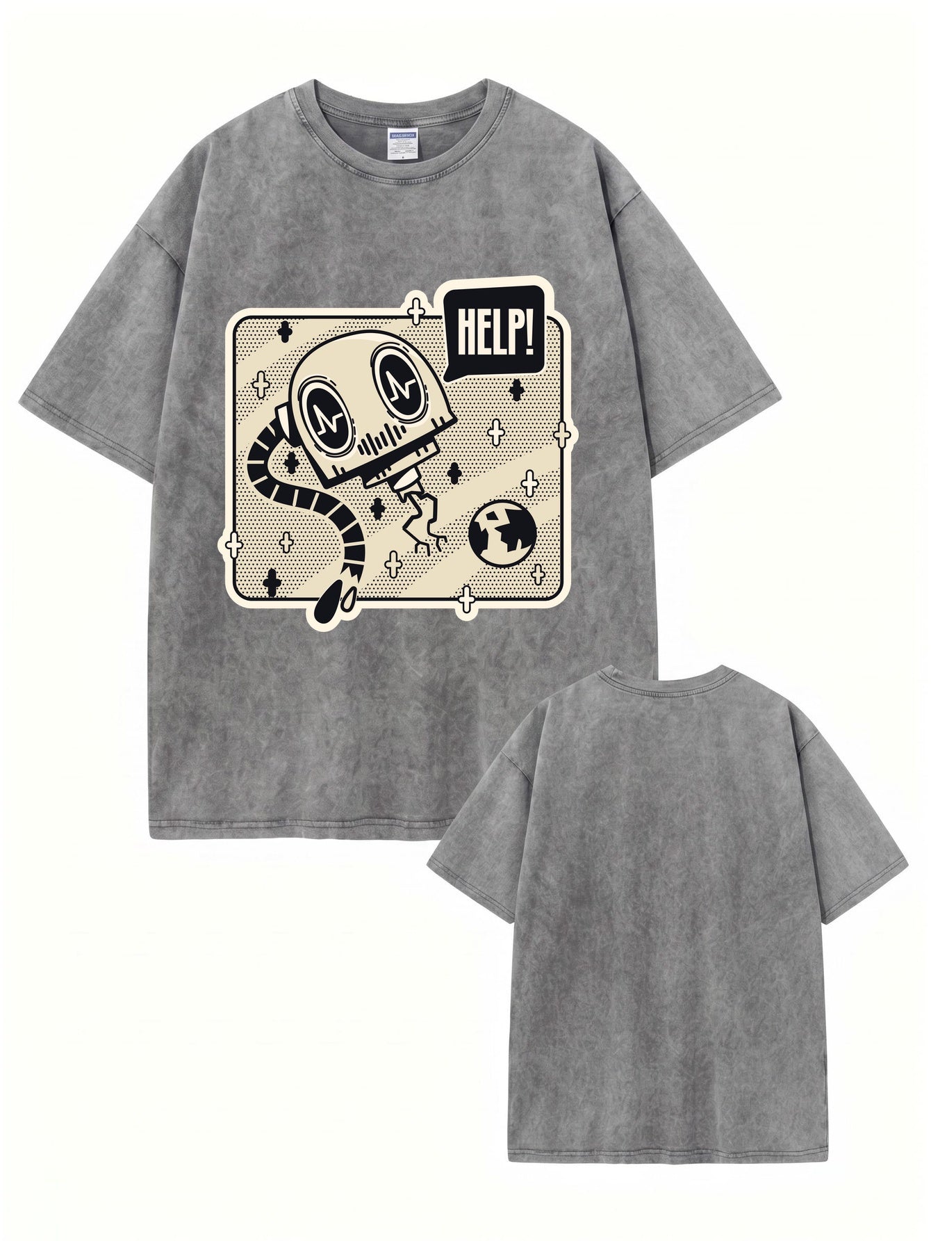 Vintage Washed Graphic T-Shirt - HELP! Robot Cartoon Print Heavyweight Cotton
