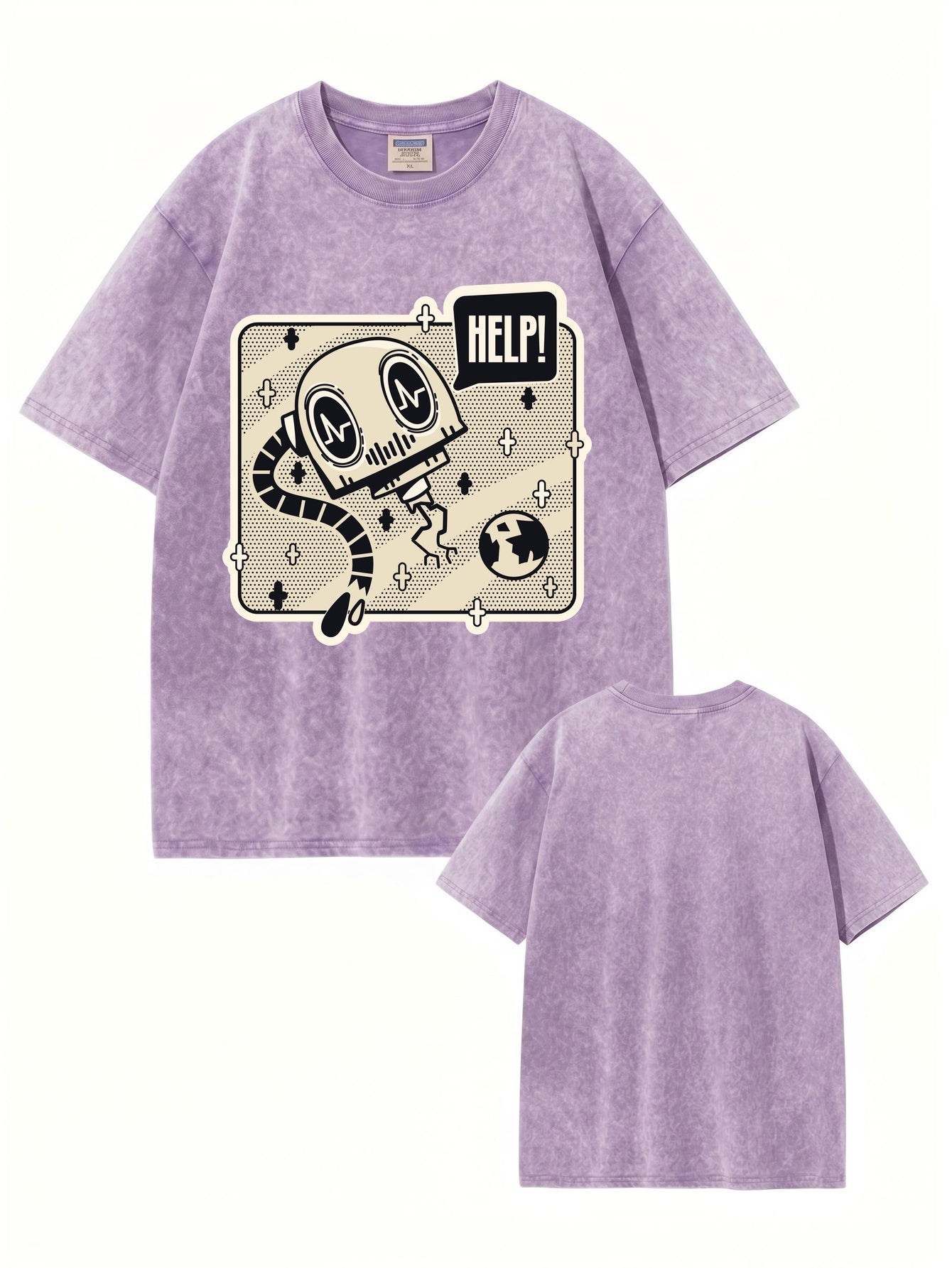 Vintage Washed Graphic T-Shirt - HELP! Robot Cartoon Print Heavyweight Cotton
