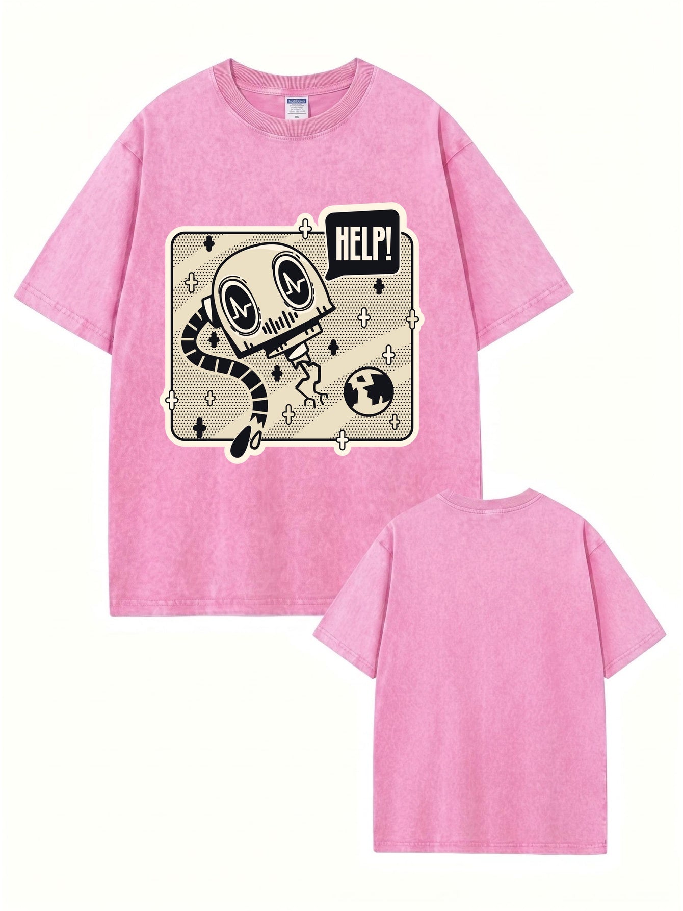 Vintage Washed Graphic T-Shirt - HELP! Robot Cartoon Print Heavyweight Cotton