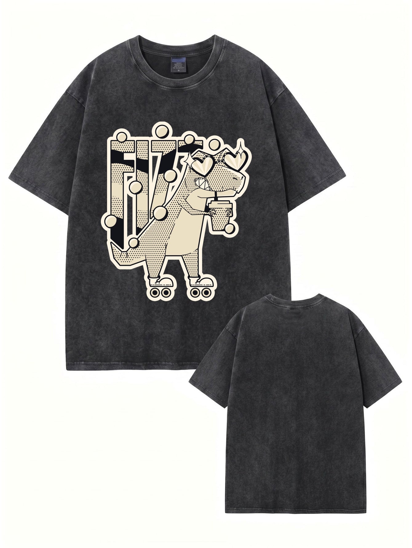 Vintage Washed Roller-Skating Dinosaur Graphic T-Shirt