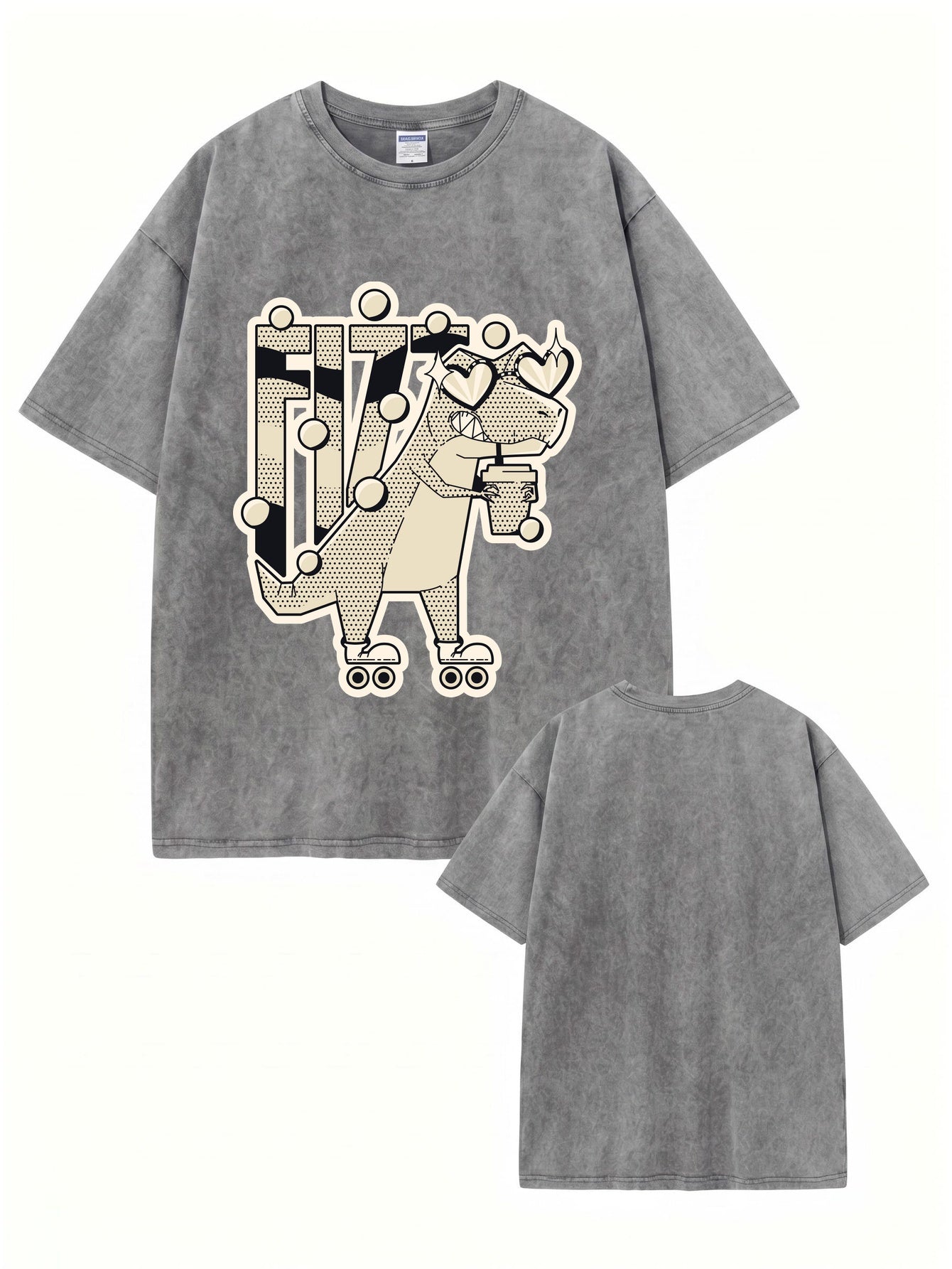 Vintage Washed Roller-Skating Dinosaur Graphic T-Shirt
