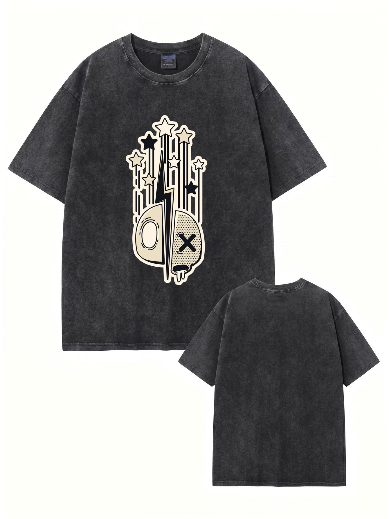Vintage Acid Wash T-Shirt - Graphic Star & Lightning Skull Print - 300GSM Cotton