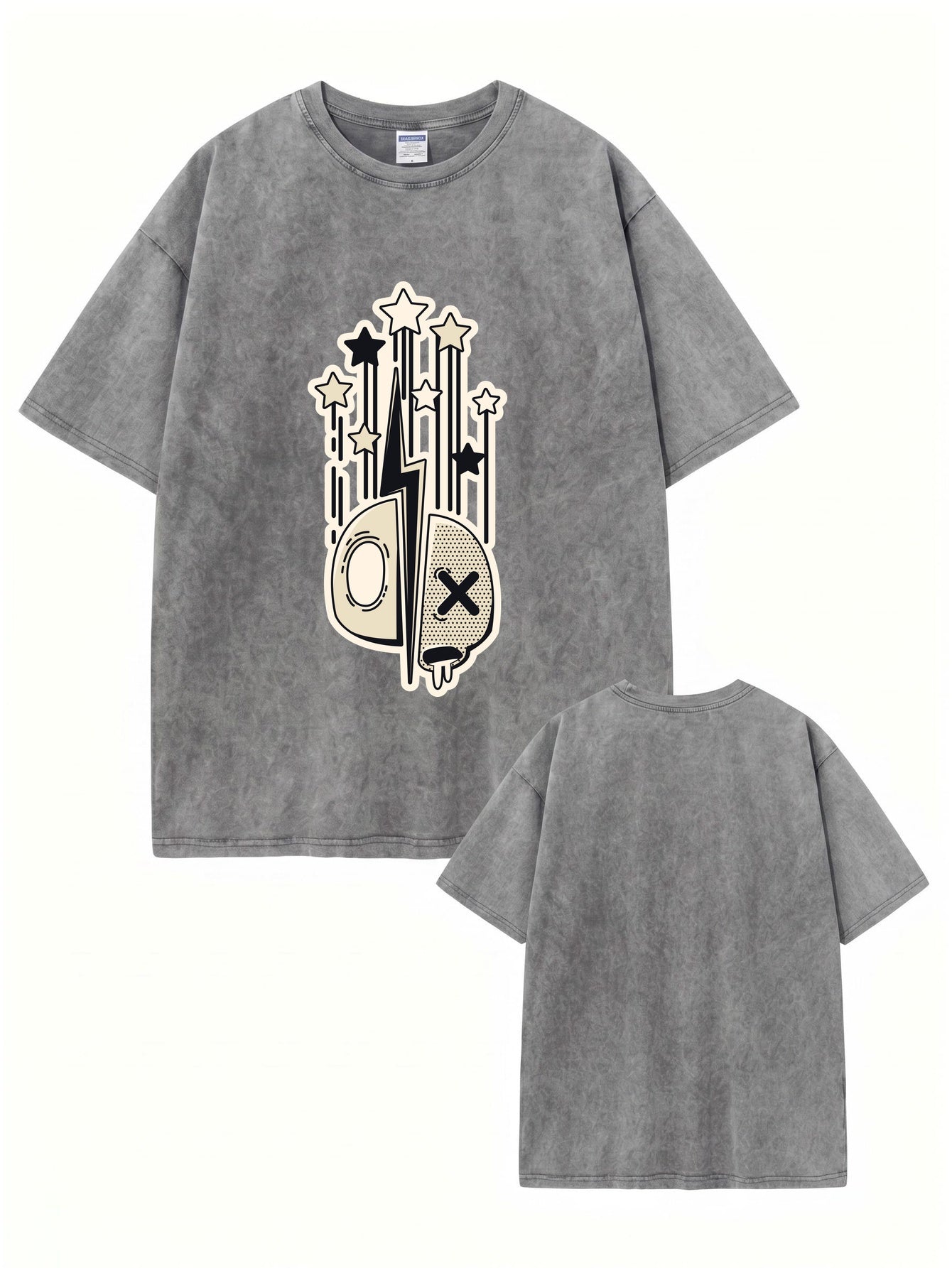 Vintage Acid Wash T-Shirt - Graphic Star & Lightning Skull Print - 300GSM Cotton
