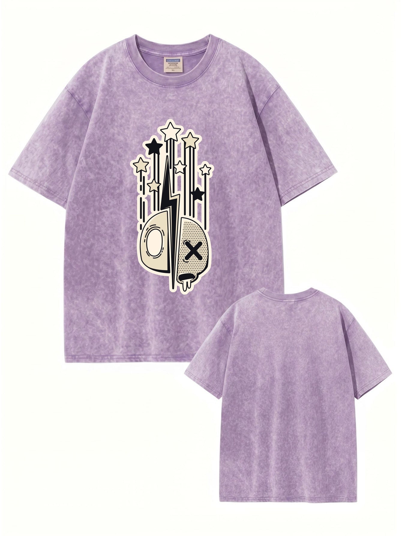 Vintage Acid Wash T-Shirt - Graphic Star & Lightning Skull Print - 300GSM Cotton