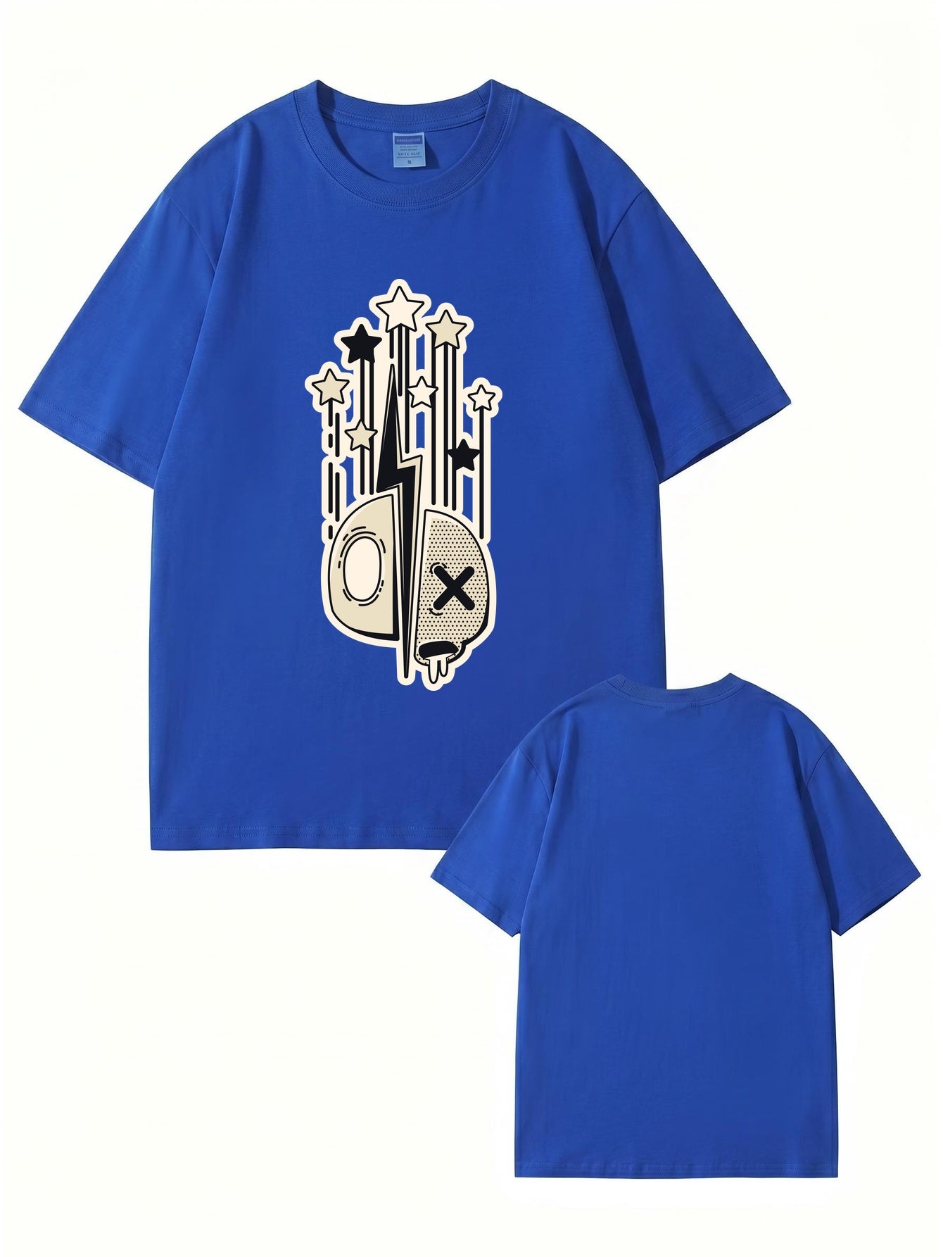 Abstract Lightning Skull & Stars Graphic Print Cotton T-Shirt