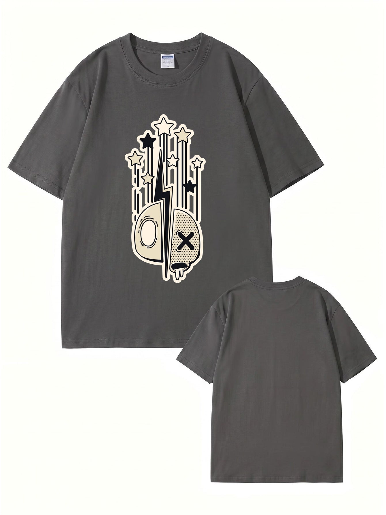 Abstract Lightning Skull & Stars Graphic Print Cotton T-Shirt