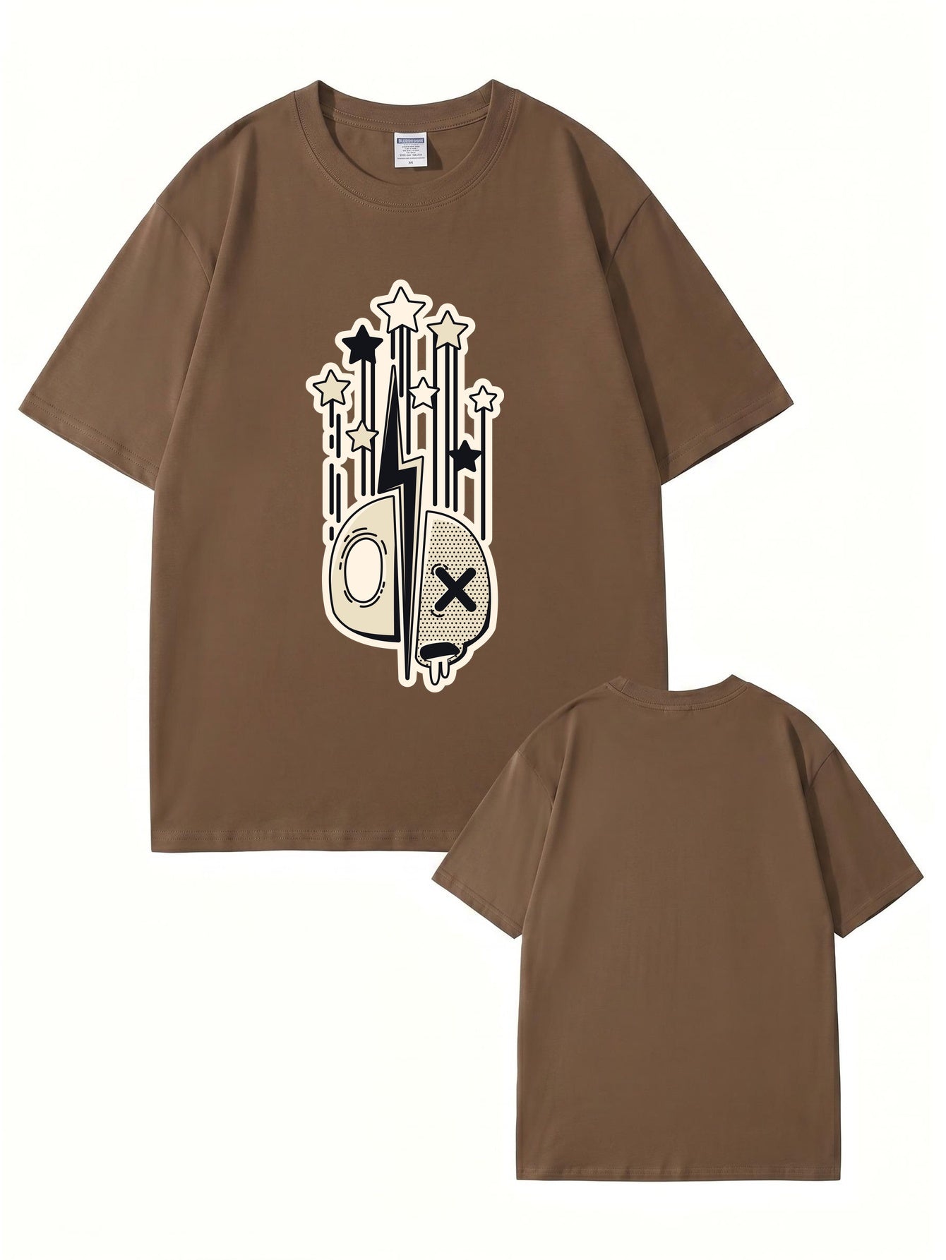Abstract Lightning Skull & Stars Graphic Print Cotton T-Shirt