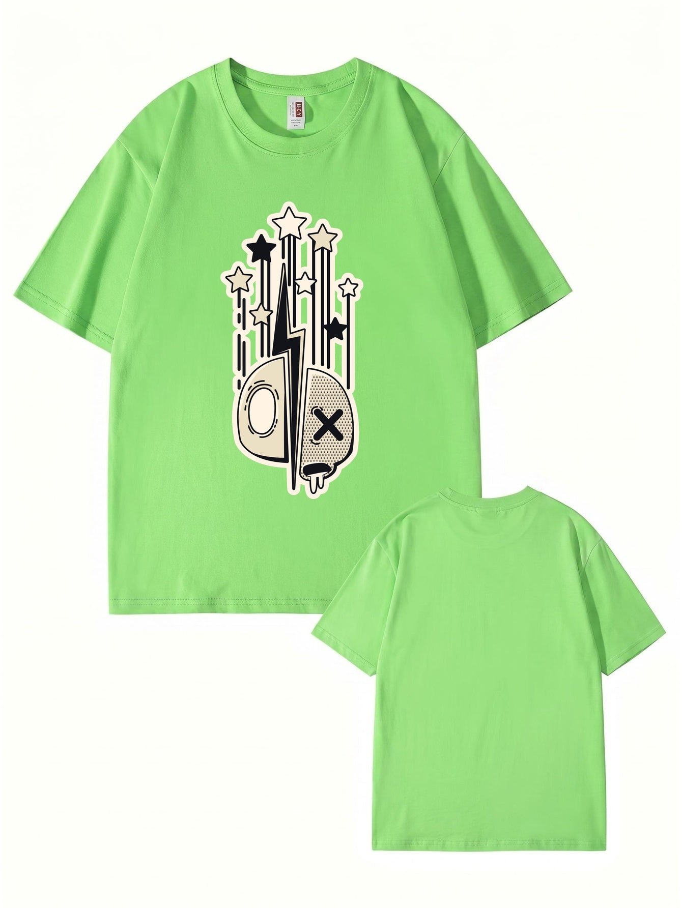 Abstract Lightning Skull & Stars Graphic Print Cotton T-Shirt