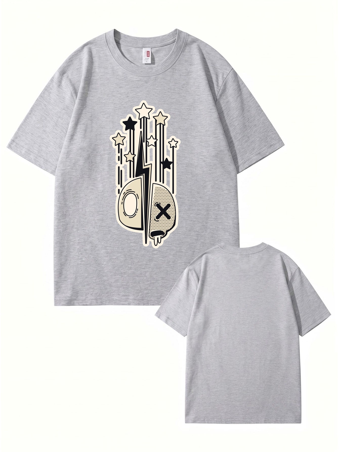 Abstract Lightning Skull & Stars Graphic Print Cotton T-Shirt
