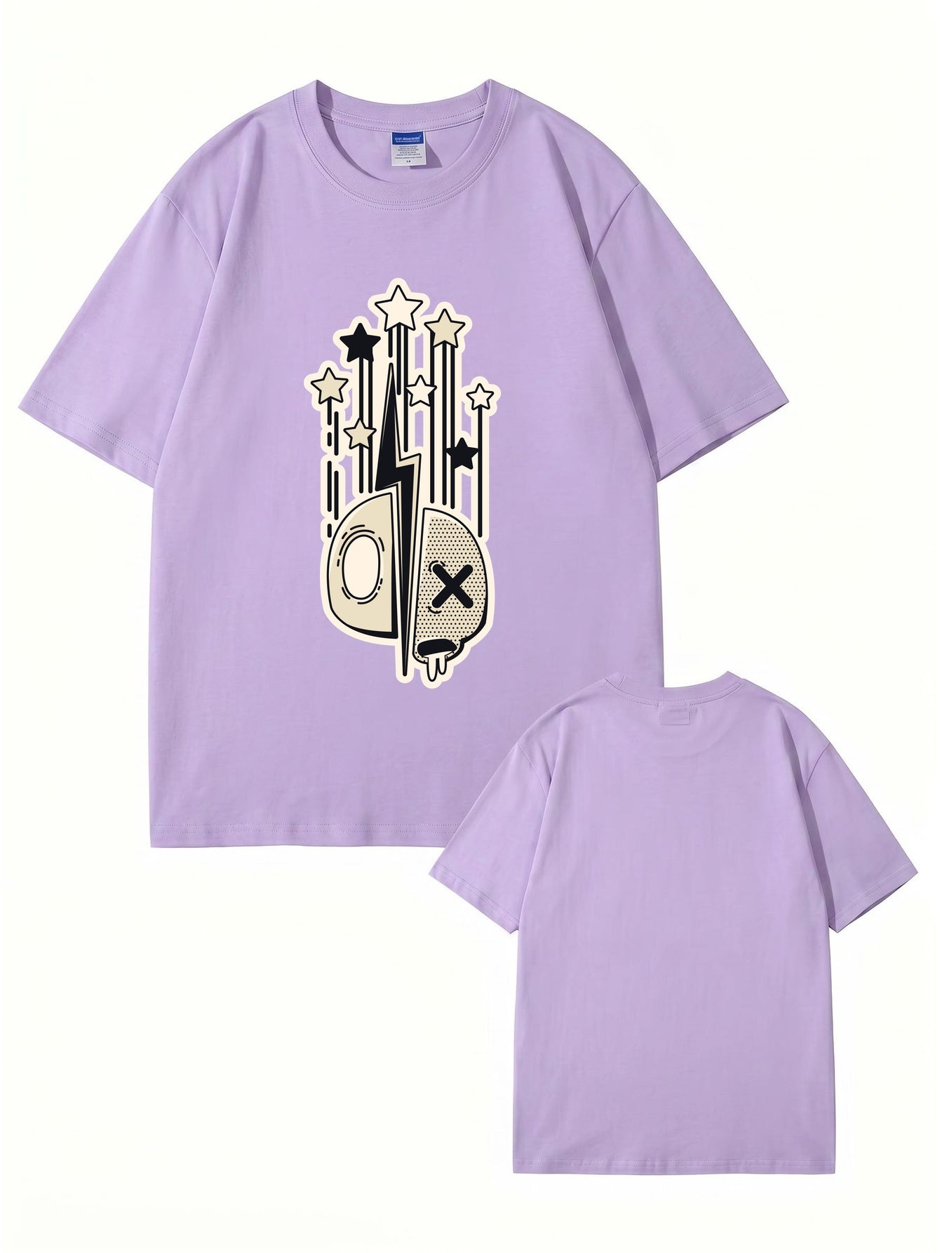 Abstract Lightning Skull & Stars Graphic Print Cotton T-Shirt