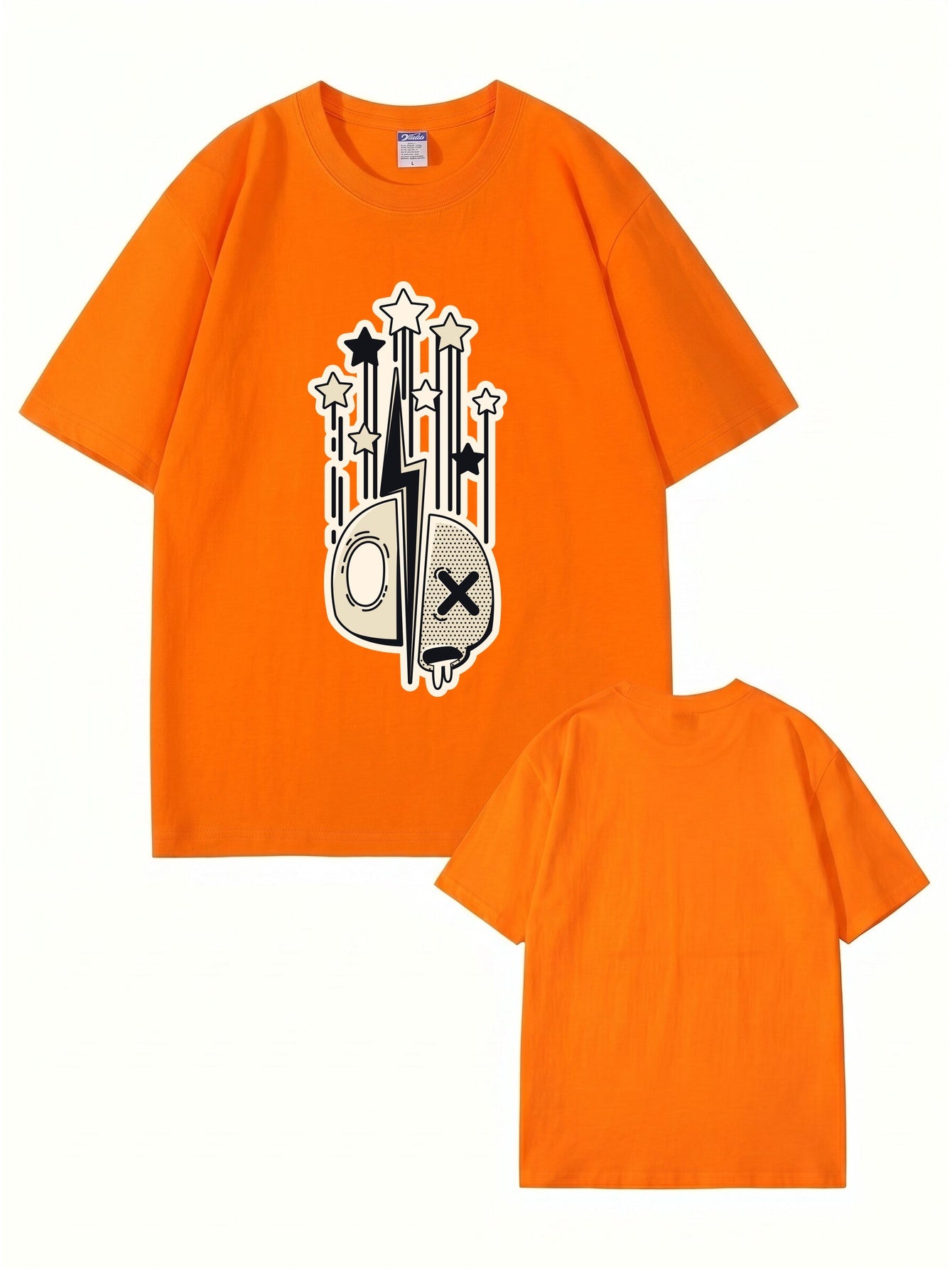 Abstract Lightning Skull & Stars Graphic Print Cotton T-Shirt