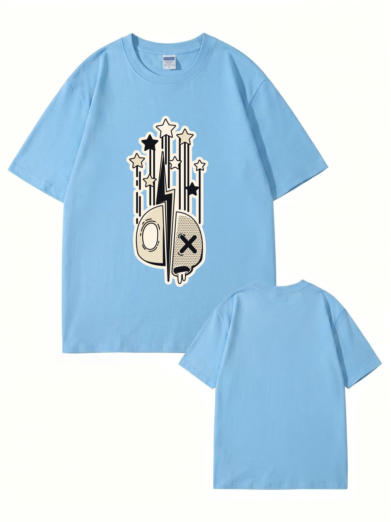 Abstract Lightning Skull & Stars Graphic Print Cotton T-Shirt