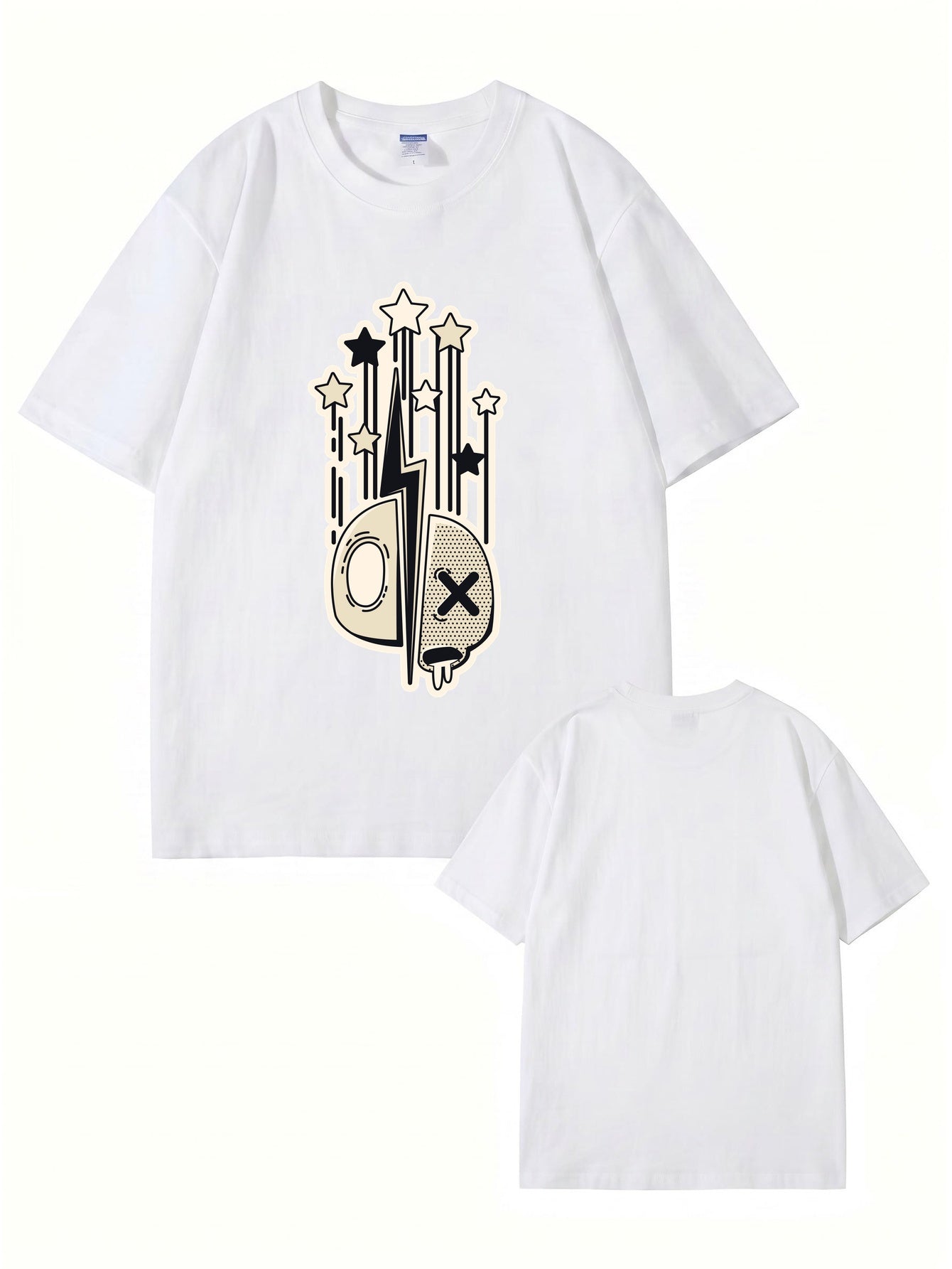 Abstract Lightning Skull & Stars Graphic Print Cotton T-Shirt