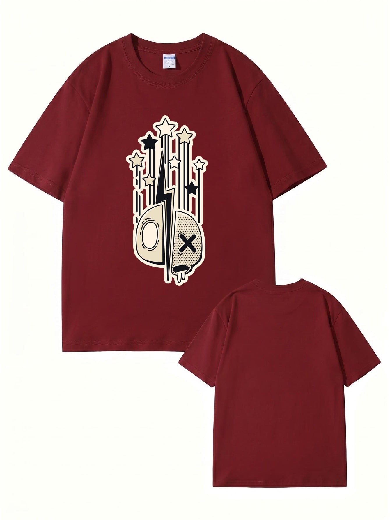 Abstract Lightning Skull & Stars Graphic Print Cotton T-Shirt