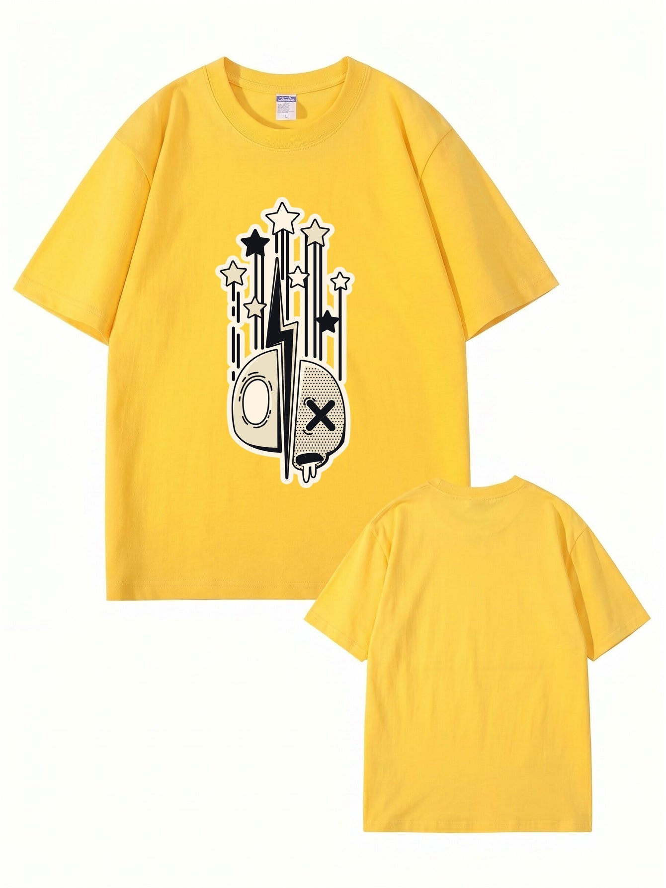Abstract Lightning Skull & Stars Graphic Print Cotton T-Shirt