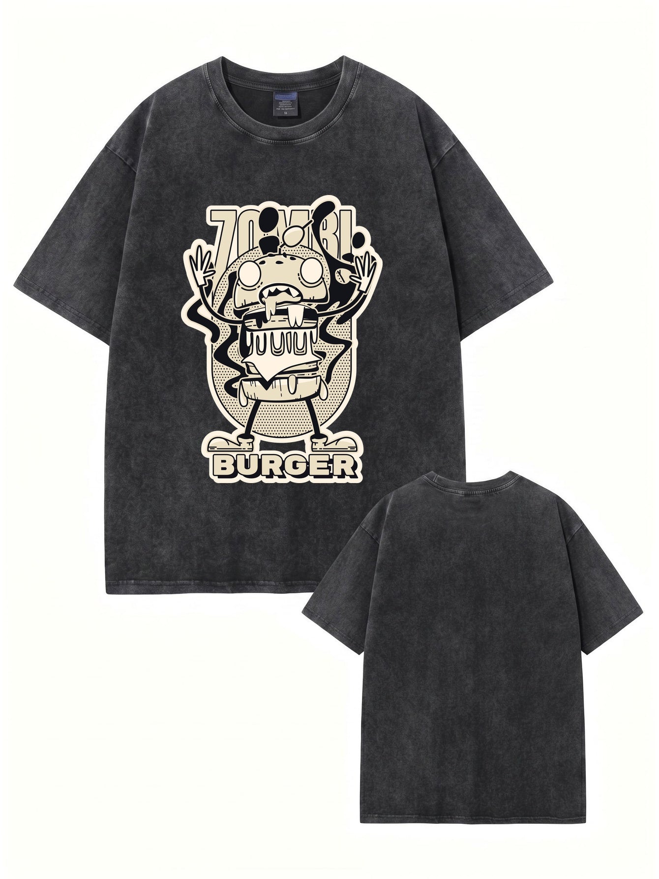 Zombie Burger Graphic Vintage Washed Heavyweight Cotton T-Shirt
