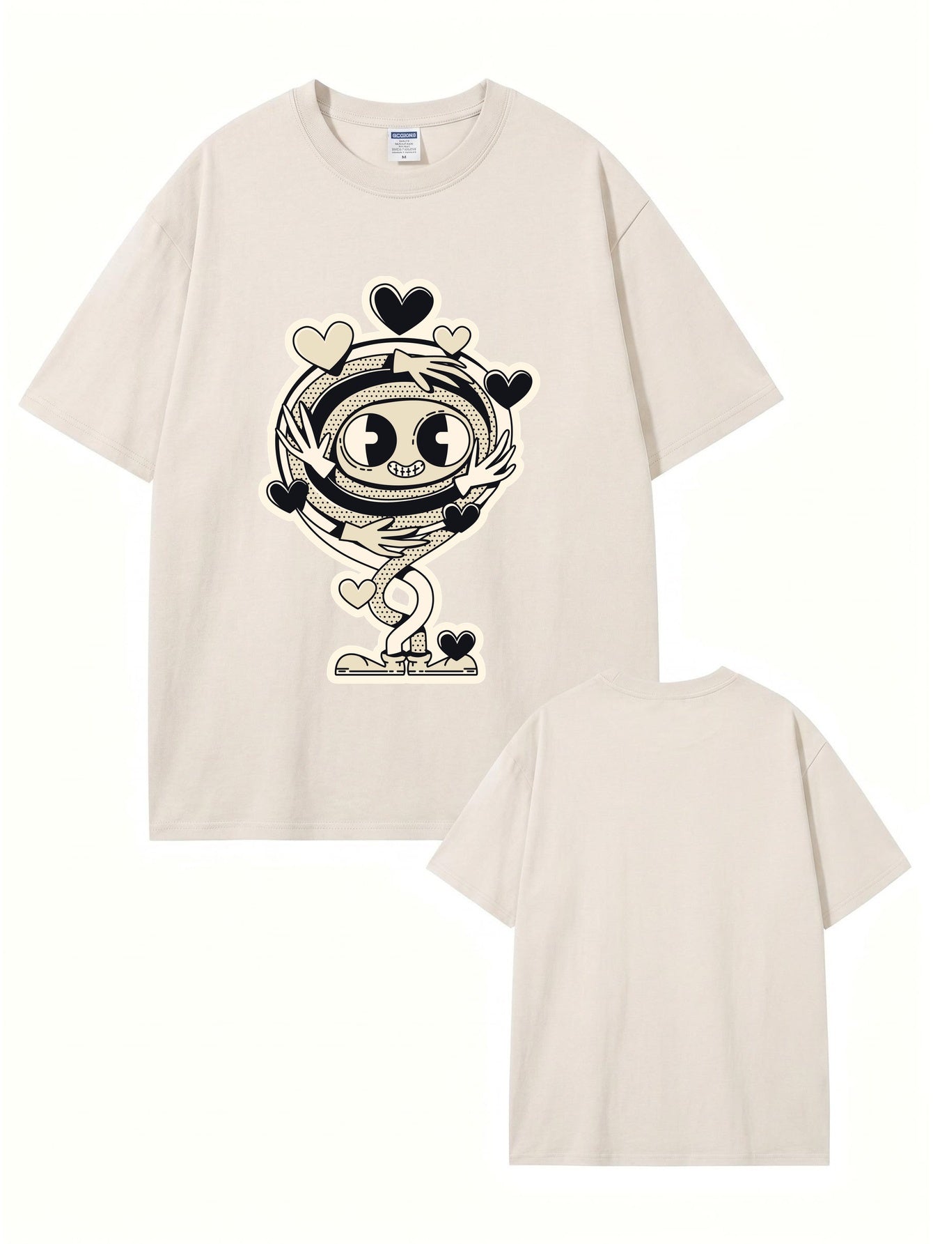 Vintage Washed Graphic T-Shirt - Cartoon Hugging Heart Print Oversized Tee