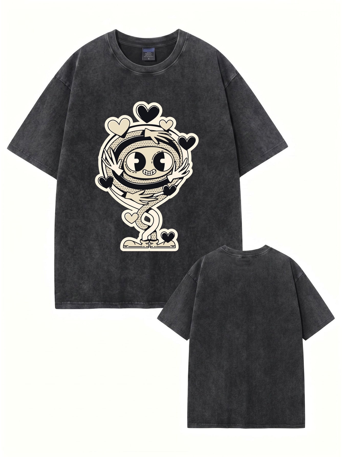 Vintage Washed Graphic T-Shirt - Cartoon Hugging Heart Print Oversized Tee